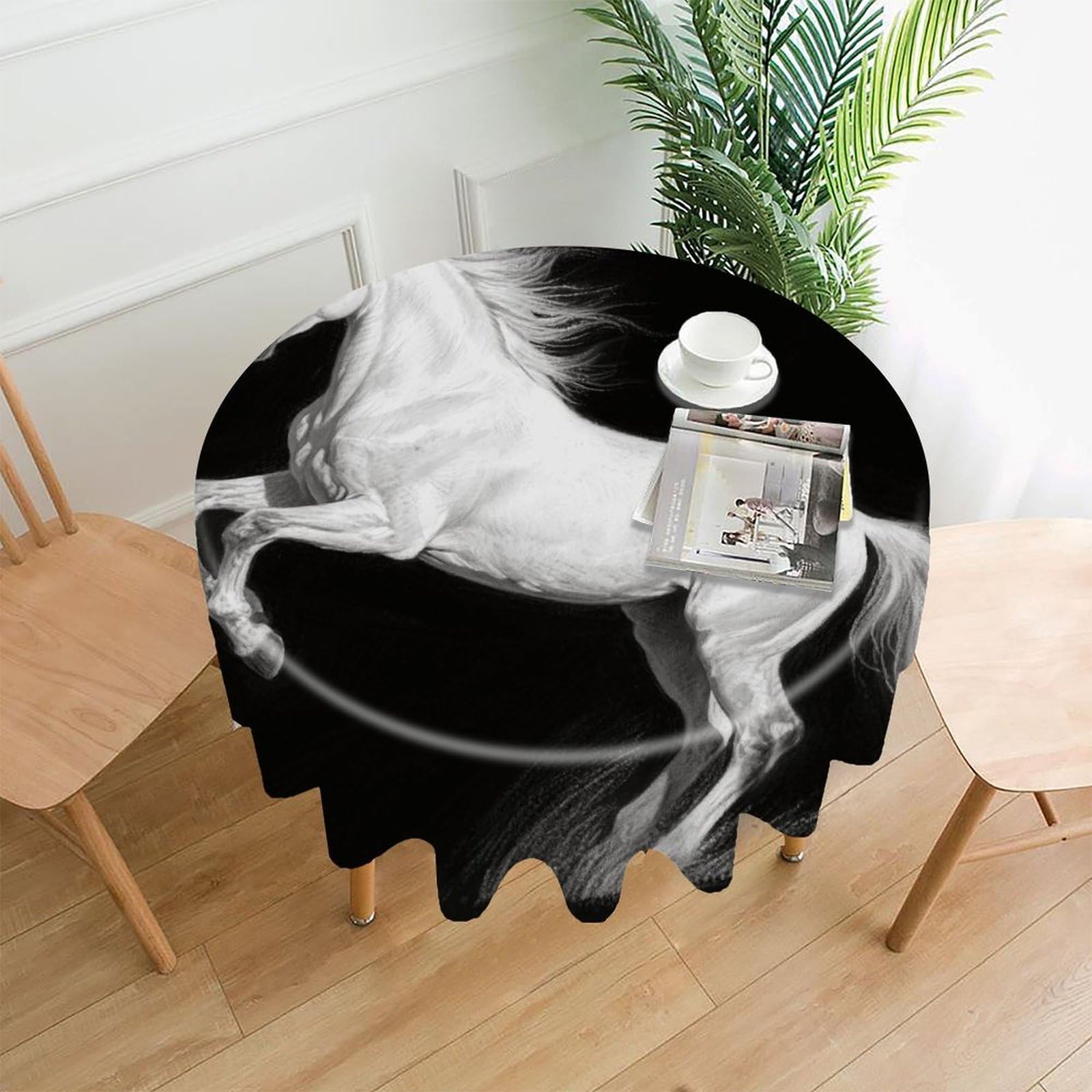 VstaDank White Horse Black Tablecloth Easy to Clean Polyester Round Table Cover Washable Round Table Cloth Wrinkle-Free Circle Decoration Tablecloth for Kitchen Dining Room 60"