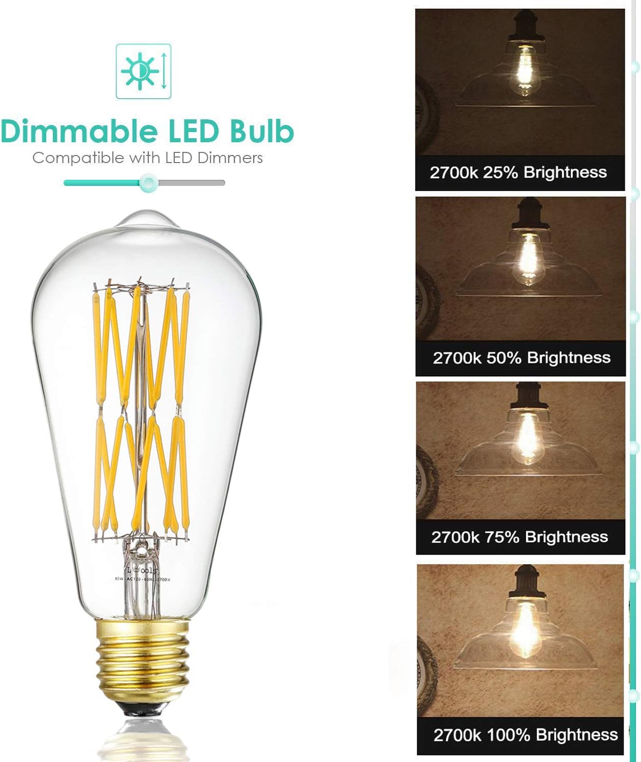 New Arrivals Leools Filament LED Edison Bulb 15W Dimmable 2700K Warm White 1300LM, 120W Incandescent Equivalent E26 Base, ST64 Vintage LED Filament Bulbs, 360 Degrees Beam Angle, Pack of 2