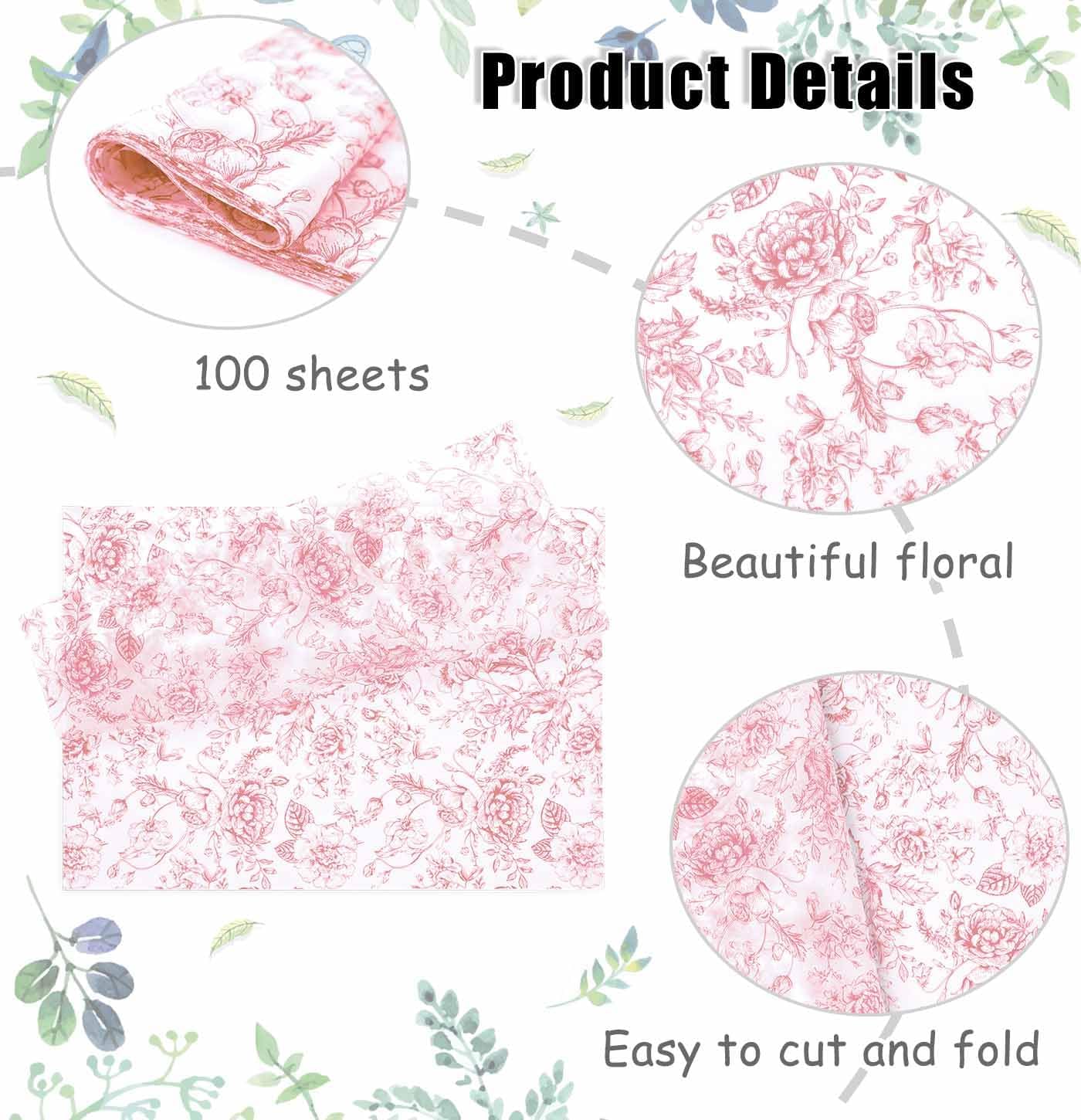 MUNILAIL 100 Sheets Pink Floral Tissue Paper 14 x 20 Inches Flower Tissue Paper for Gift Bags Vintage Floral Gift Paper Tissue for Birthday Gift Packing Crafts image 3