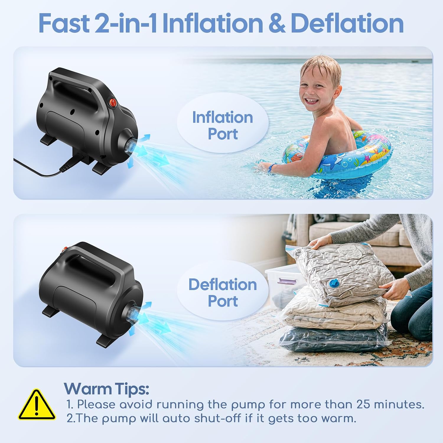 Electric Air Pump for Inflatables, Air Mattress – 500W/650W Quick-Fill Inflator/Deflator with 4 Nozzles, Portable AC 110-120V for Gymnastics Mat, Tumbling, Air Bed, Pool Floats