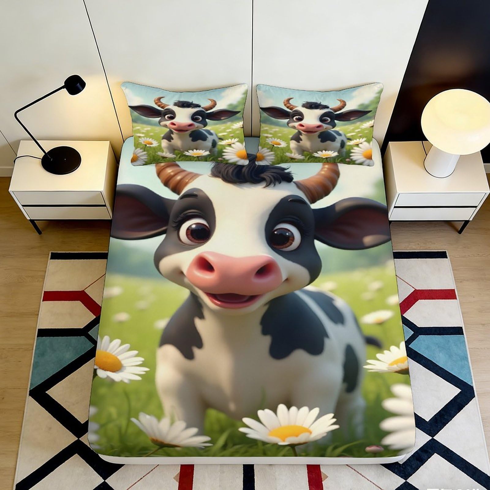 Pnayamiorkfel Style-7 3D Printed Cartoon Cow Fitted Sheet Microfiber Non-Slip Daisy Field Bed Cover For Bedroom Guest Room Decor 90X200x25cm