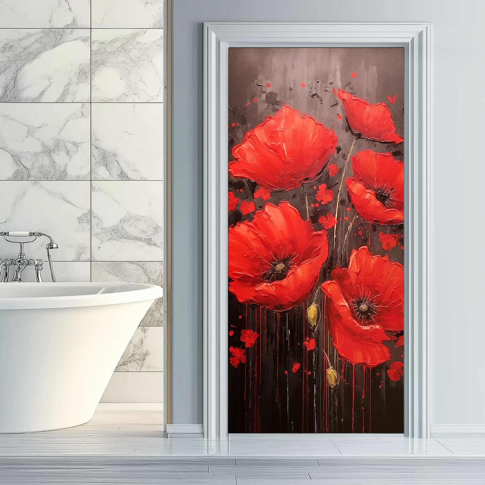Vintage Blumen Türaufkleber, Abstrakt Blütenblätter Graffiti Wasserdichte Selbstklebende Tapeten Wandbilder 2 Stück, Dunkelgrau Pvc Abnehmbare Türsticker Dekoration für Schlafzimmer Schrank, 95x215 cm