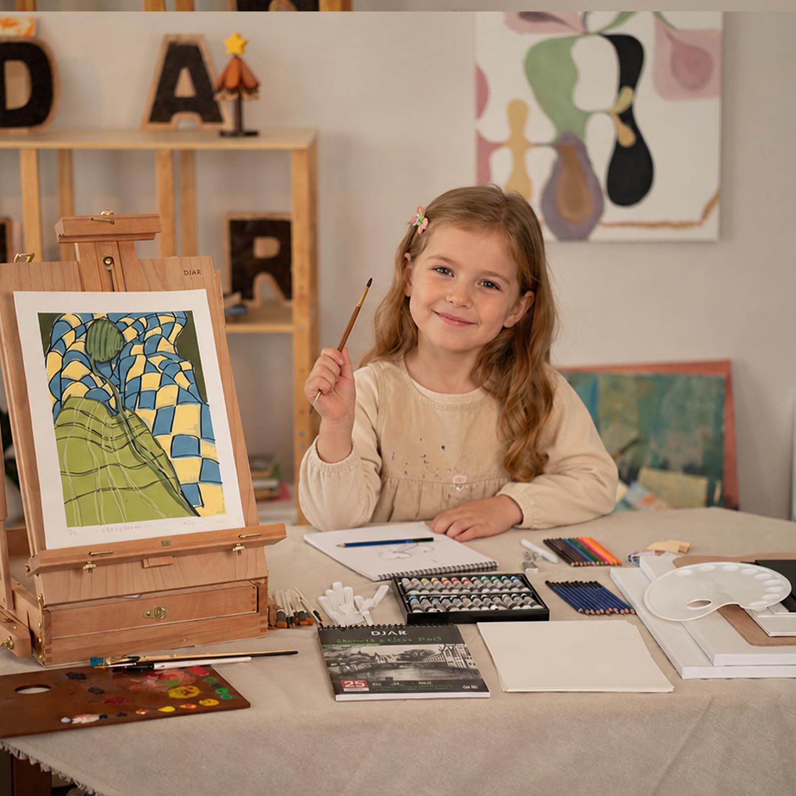 DJAR 89-teiliges Acrylfarben-Set mit französischer Holzstaffelei für Erwachsene | Professionelles Malset mit 24 Farben Acrylfarbe, Leinwand, Pinsel und Kunstzubehör für Studenten, Anfänger
