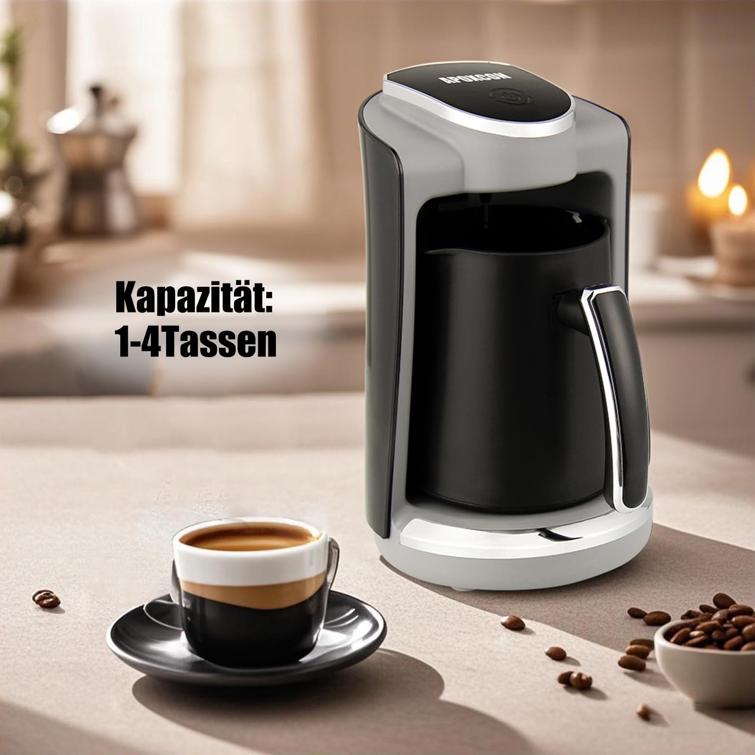 APOXCON Automatische Elektrische Türkische Kaffeemaschine für 4 Tassen – 400W Edelstahl-Heizplatte mit Trockenkochschutz (250 ml)