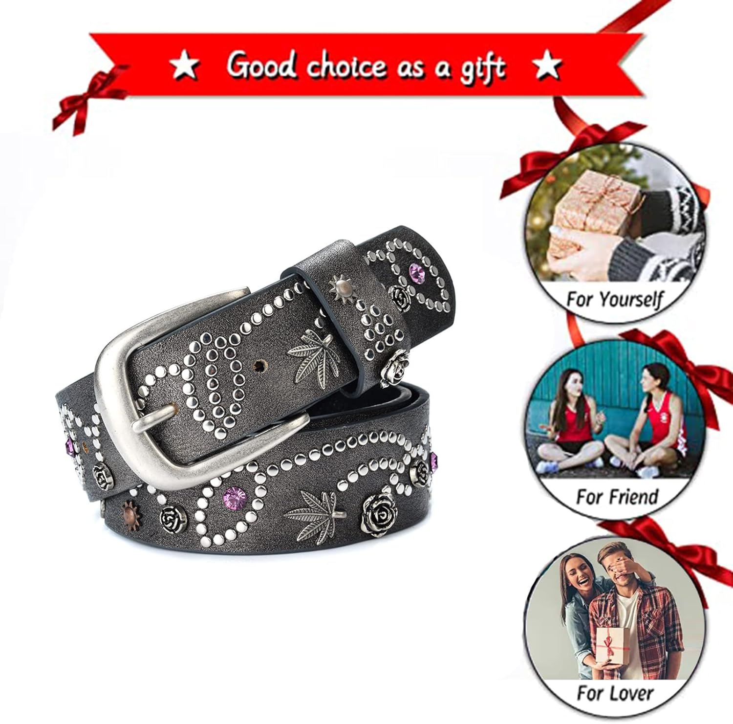 Rhinestone Studded Belt for Jeans, Western Shiny Crystal Mixed Flowers Leaves Rivets 1 1/2" Wide Waist Band for Women (110cm/waist:36"~38", Gray)