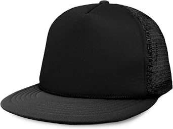DALIX Flat Billed Trucker Hat Mesh Back S M L Adjustable Cap Solid Two Toned Snapback