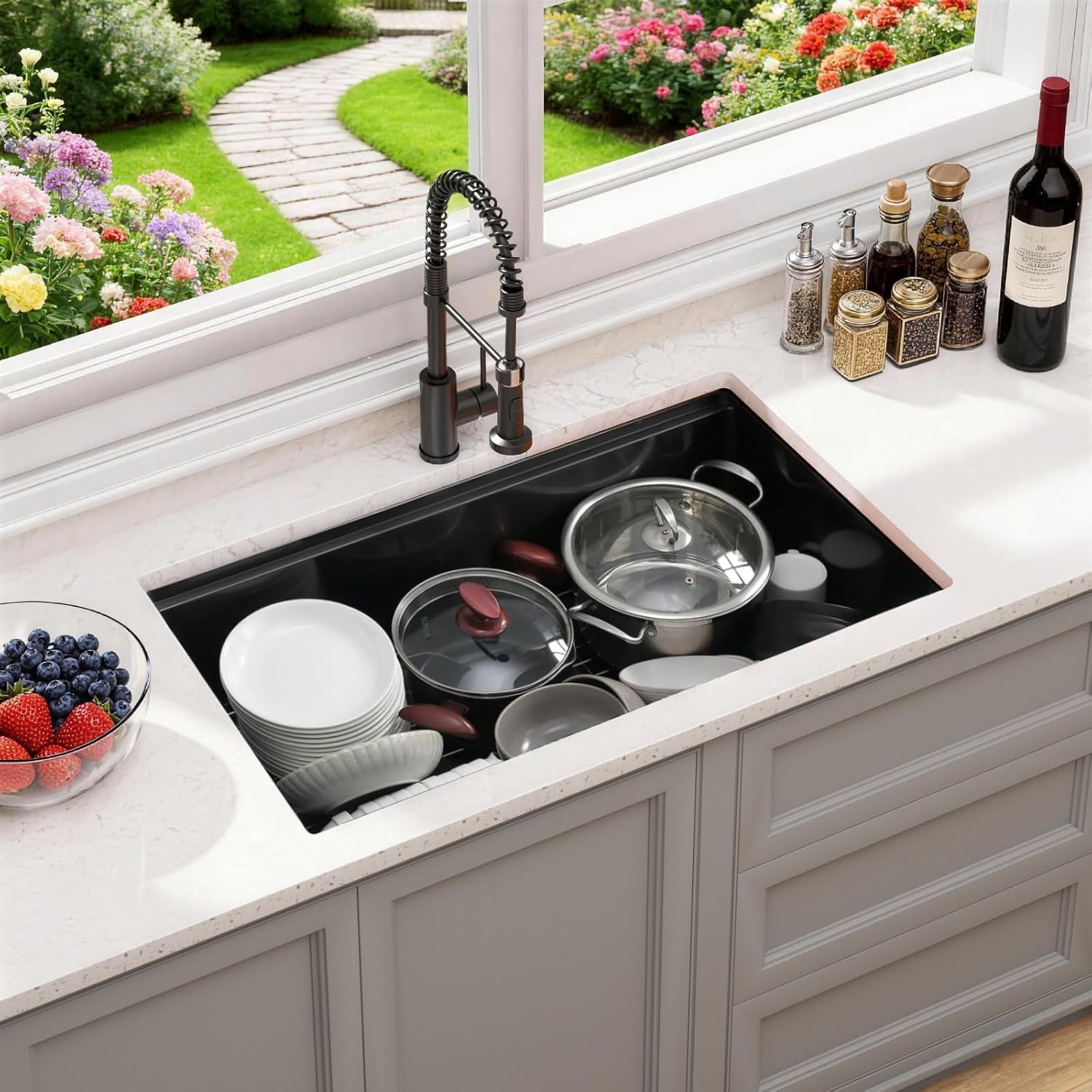 30" Black Stainless Steel Workstation Kitchen Sink, Large Single Bowl Drop-In Undermount Farmhouse Sink (Black, 3018)