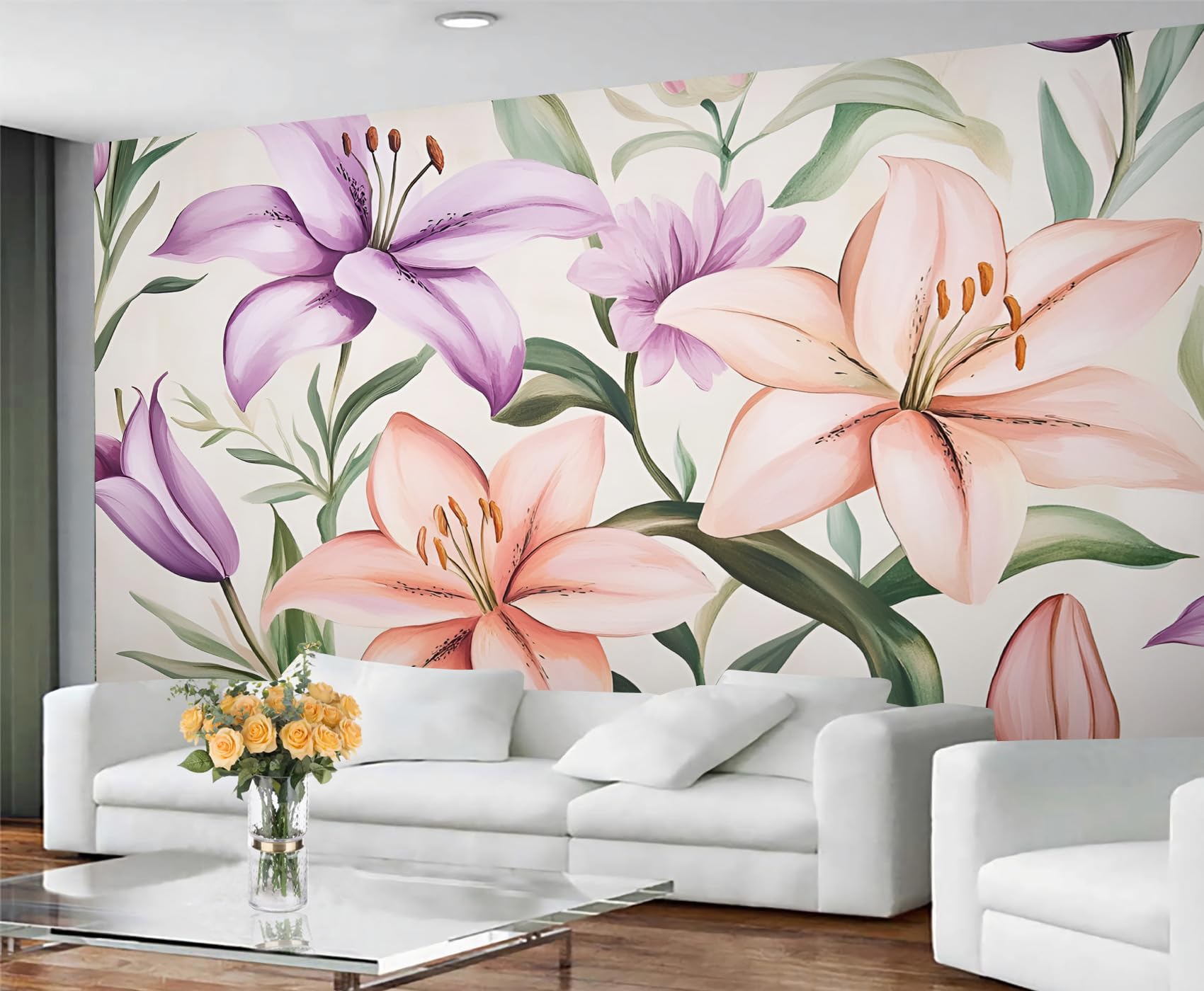 GIVLWF Wallpaper - Watercolor Lily Home Decor & Mural, Rustic Flowers Bedroom Wallpaper, Pastel Floral Wall Paper for Living Room, Large Wall Mural (Not Self-Adhesive)