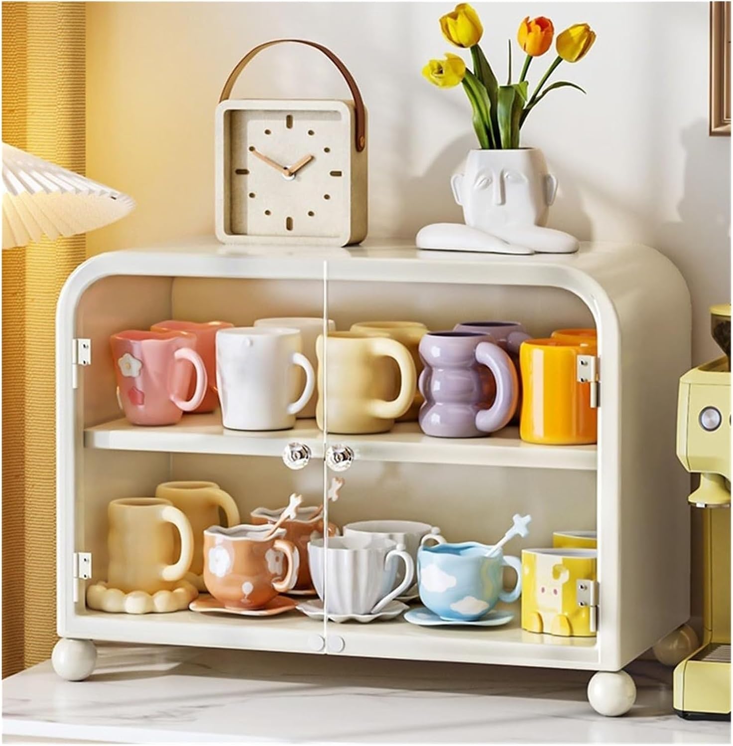 Metal Coffee Mug Cabinet, Countertop Inventory Cupboard, Makeup Storage Organizer,with Glass Sliding Door Kitchen Sideboard,for Dining Room,kitchen(55CM)