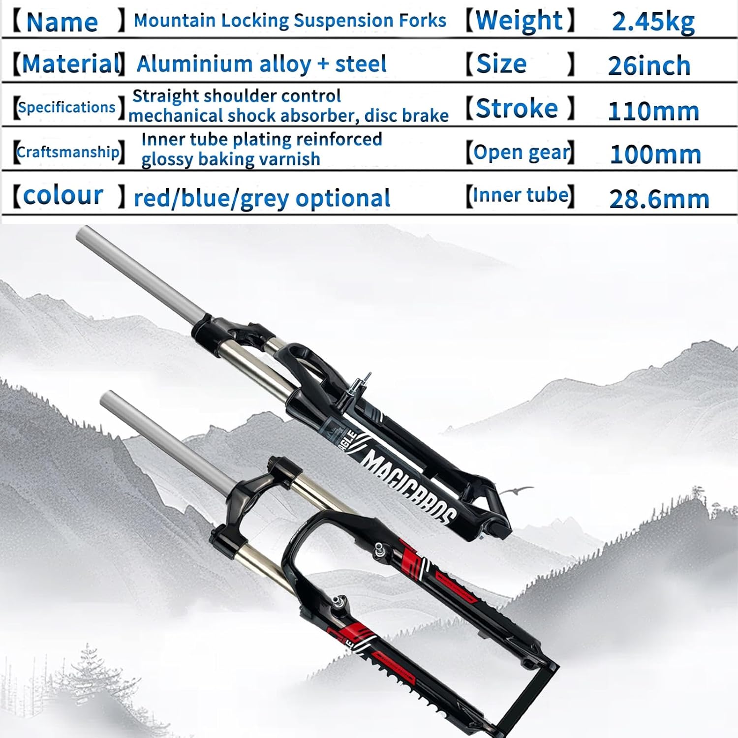 Mountain Bike Suspension Fork 26 Inch 100mm Travel 1 1/8 Straight Tube QR 9mm Aluminum Alloy Mechanical Fork Disc/V Brake Shoulder Control Mountain Bike Fork