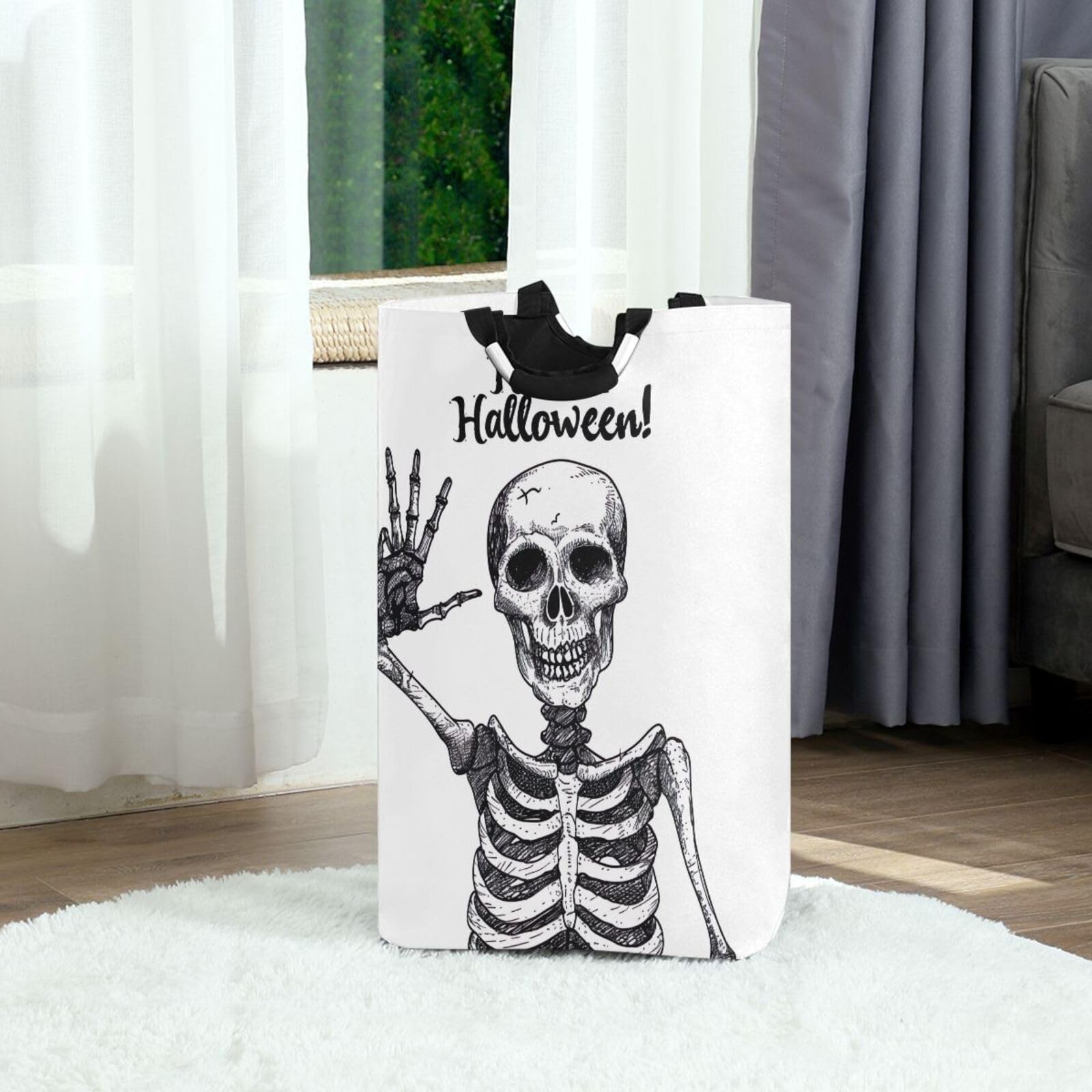 Jihqo Laundry Hamper Basket Halloween Cute Skull Skeleton Collapsible Nursery Storage Bin Waterproof Clothing Baskets for Home Bedroom Bathroom Washing Room