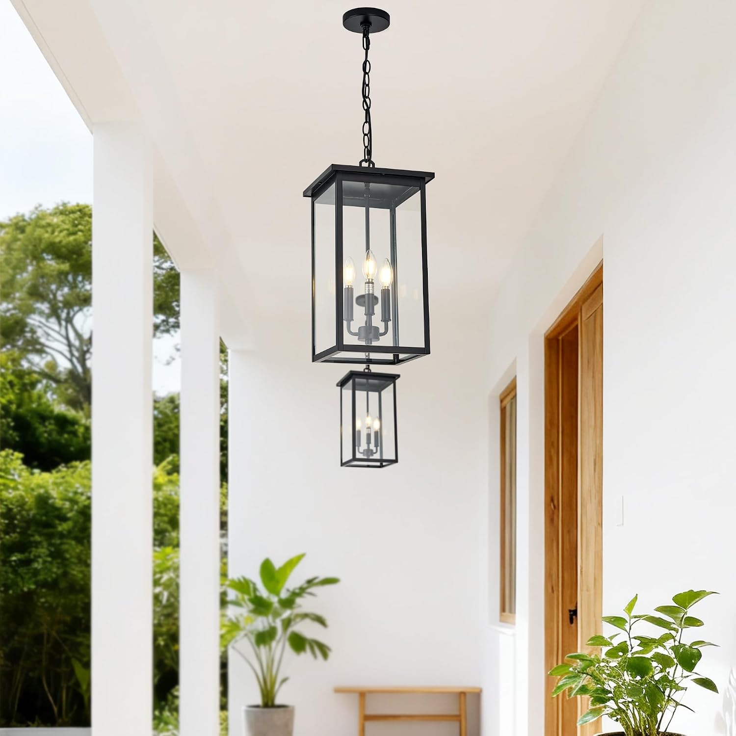 Large Outdoor Chandeliers, Black 3-Lights Outdoor Ceiling Hanging Lanterns with Clear Glass, Exterior Gazebo Light for Patio,Porch,Yard,Gara