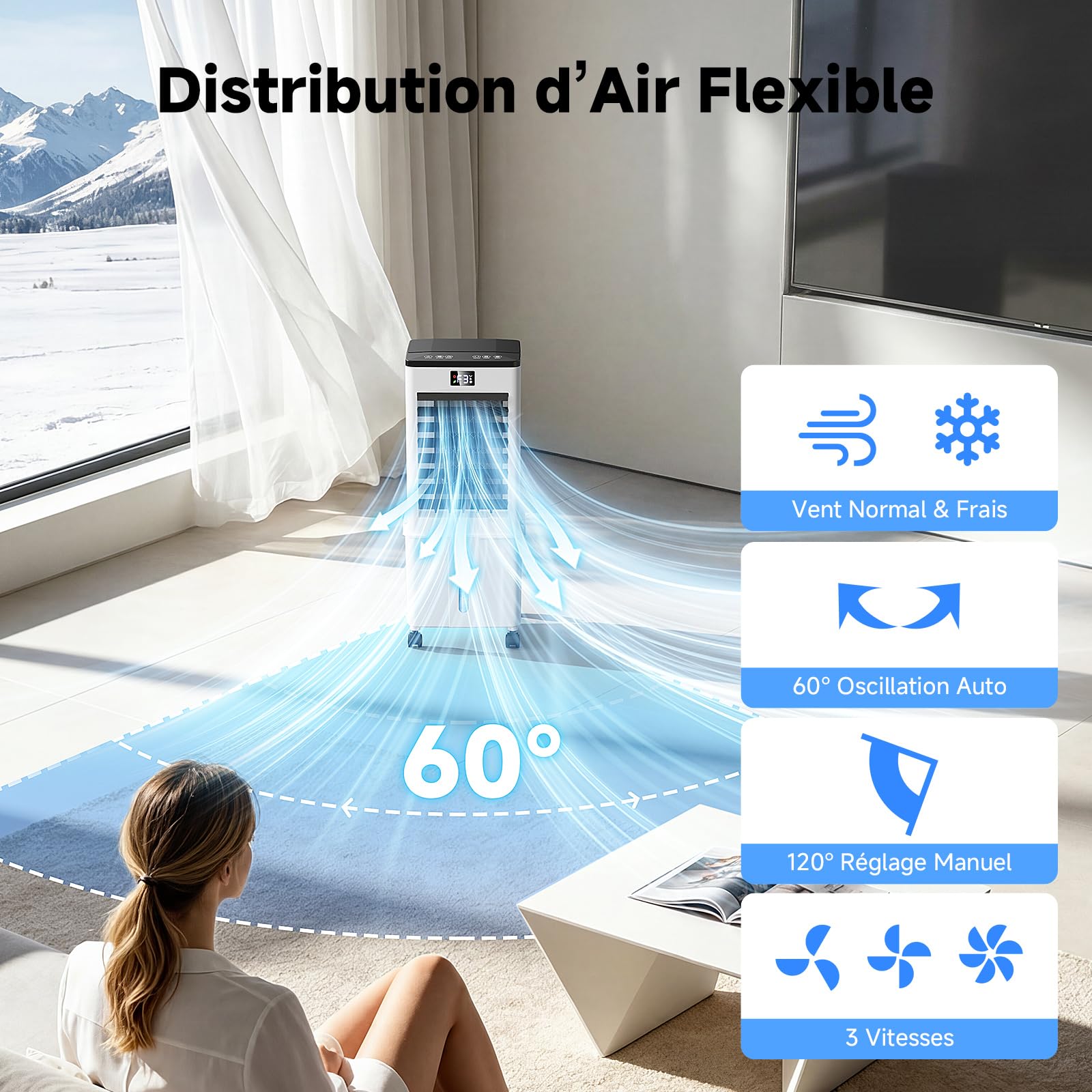 Climatiseur Mobile Silencieux Amélioré 10L, Rafraîchisseur d'Air 4‑en‑1, Télécommande, Minuterie 12h, 3 Vitesses, Oscillation, Climatiseur Portable Pour Camping Chambre Cuisine(Noir et blanc mat)