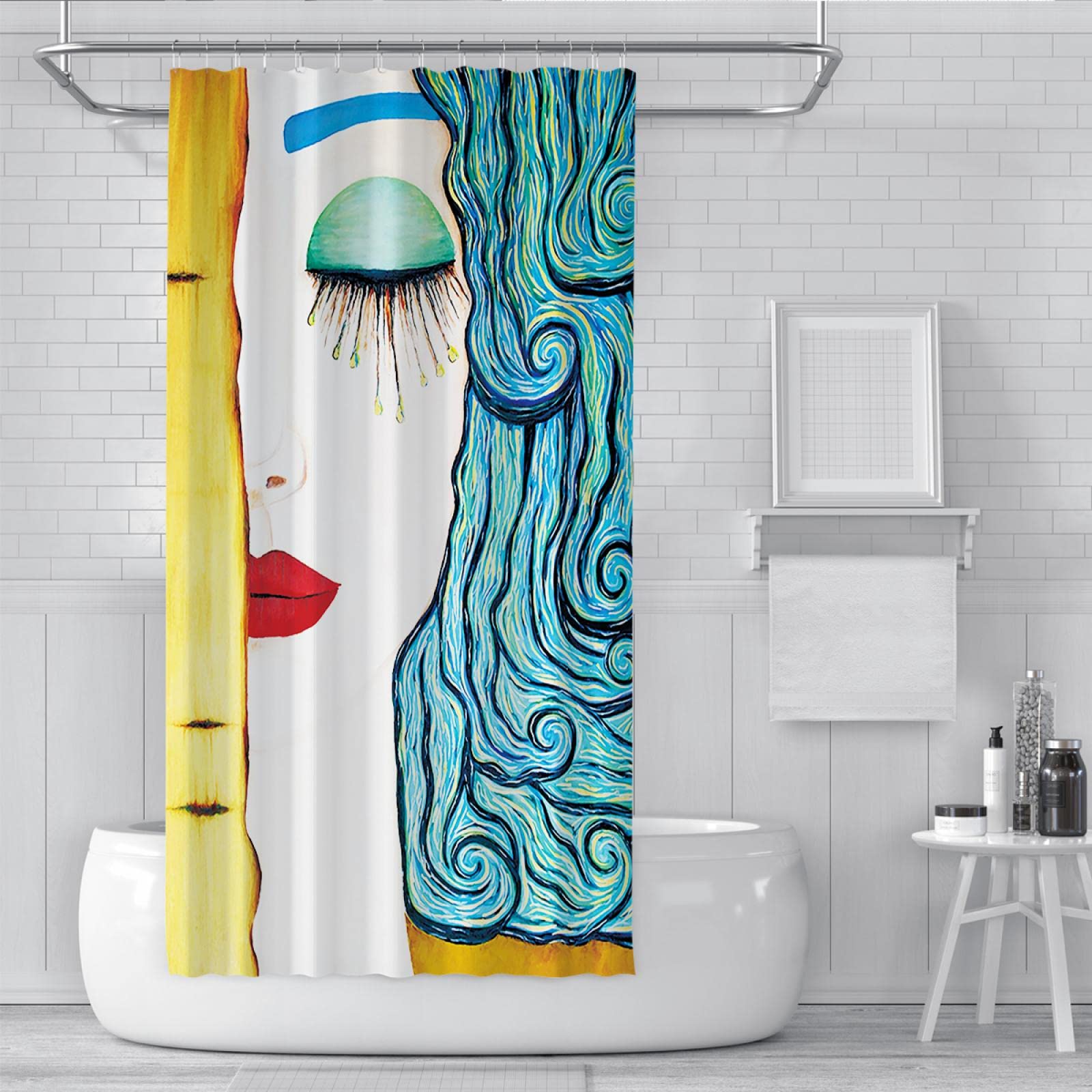 Conjuntos de Cortinas de Ducha de baño de Mujer de Cabello Azul con 12 Ganchos de poliéster Impermeable a máquina Lavable Cortina de Ducha de habitación húmeda W200xL180cm