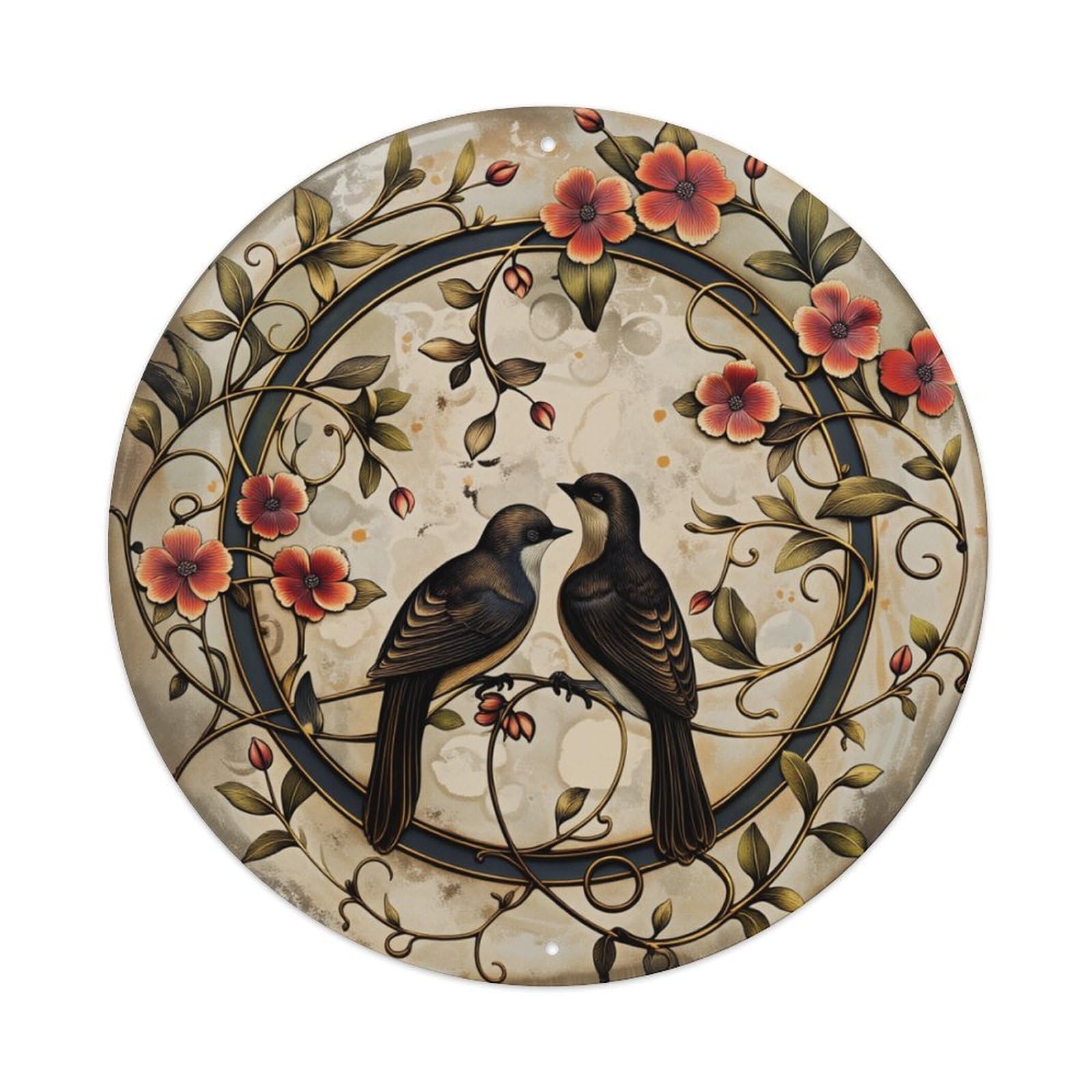 Birds Flowers Vines Circle Pattern Round Tin Sign Retro Metal Sign for Cafe Bar Pub Home Game Room Gym Club Wall Decoration Vintage Metal Poster 8x8 Inch