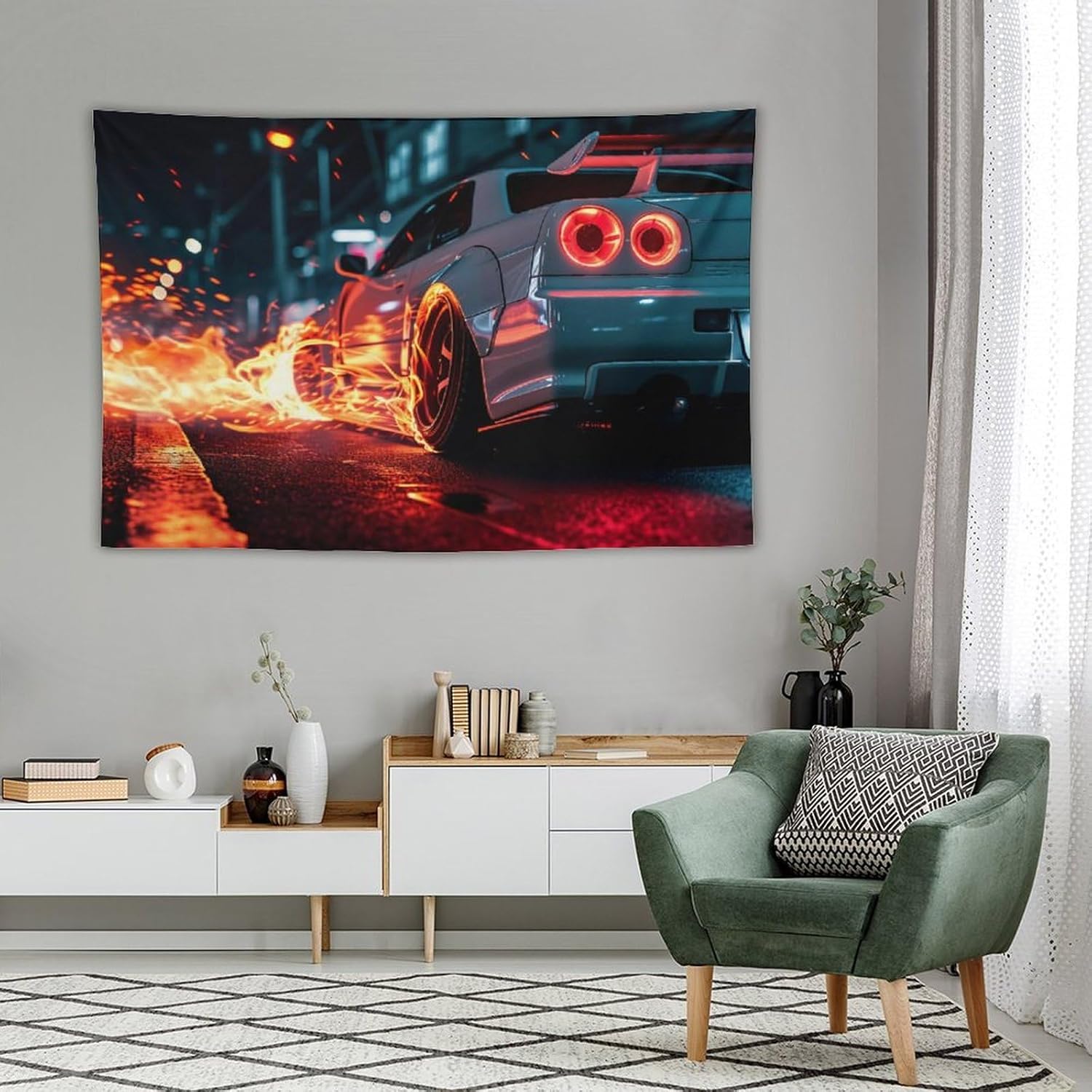 FeoYoed Tapestry Wall Hanging Aesthetic Decoration For Bedroom Living Room Wall Art Tapestries White Classic Jdm Car R34 Flames Of Fire 40"x60"