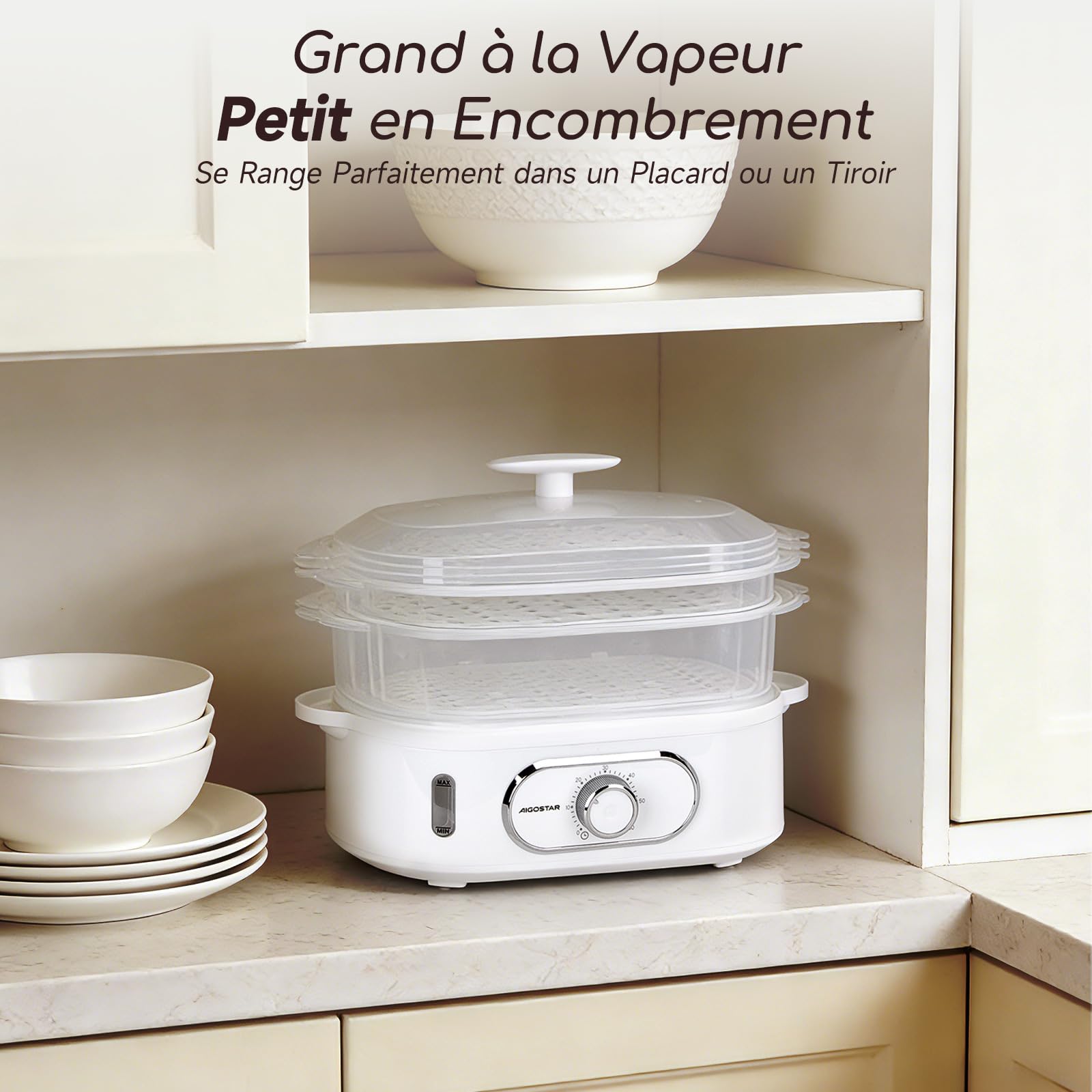 Aigostar Cuiseur Vapeur Electrique 12L 900W 3 Récipients Empilables Minuterie 60 Minutes Sans BPA