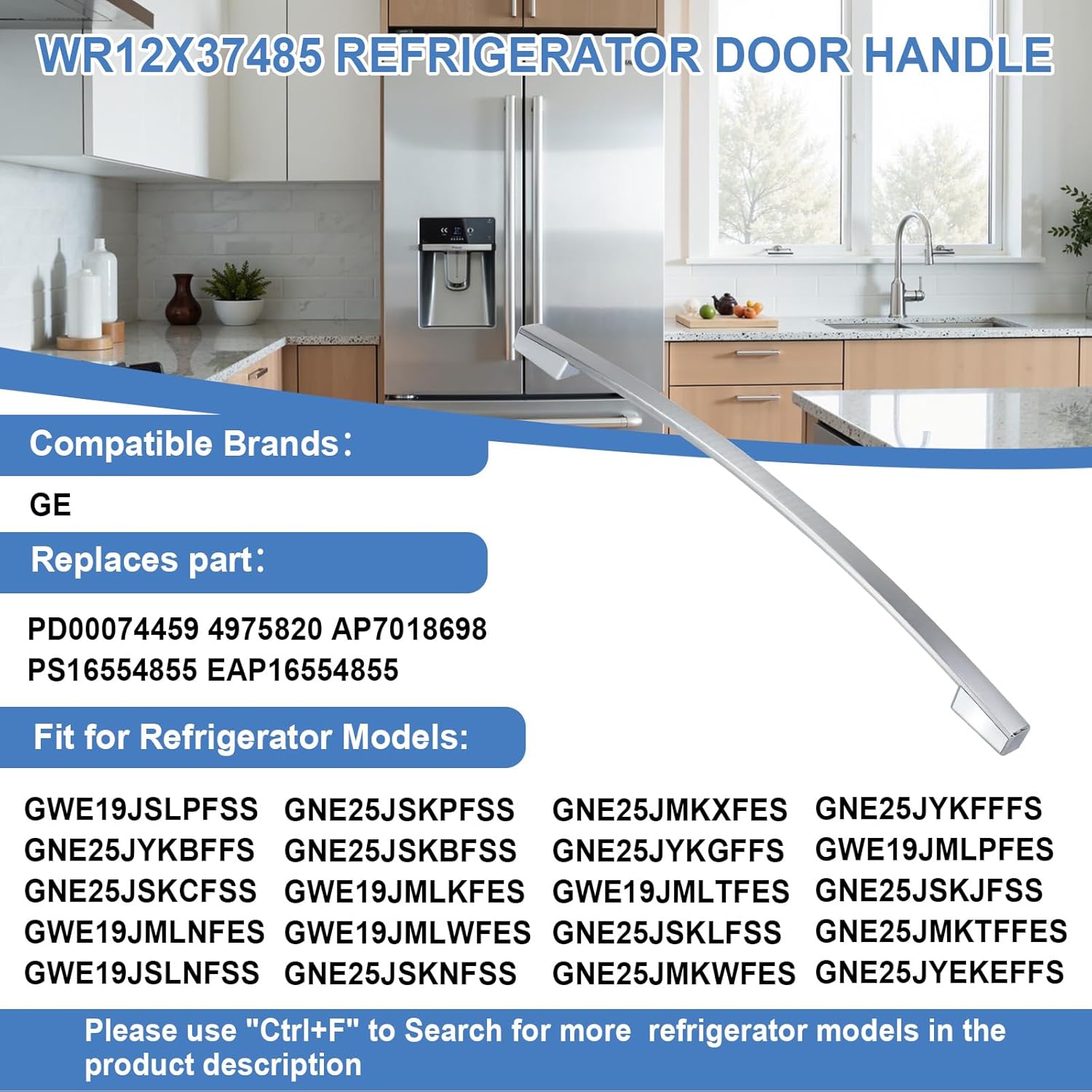 WR12X37485 Refrigerator Door Handle Compatible with GE Refrigerator,Stainless Freezer Door Handle Replace for PD00074459 4975820 AP7018698 PS16554855 EAP16554855