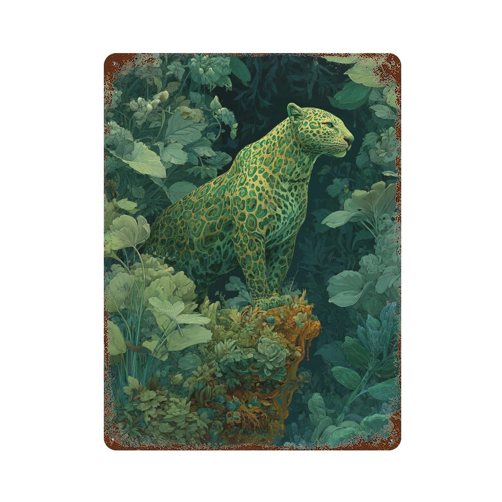 Amazonian Jaguar in Lush Jungle Vintage Wall Sign 15.7"x11.8", Rust Effect Metal Decor for Cafe, Home Bar And Lounge Decor