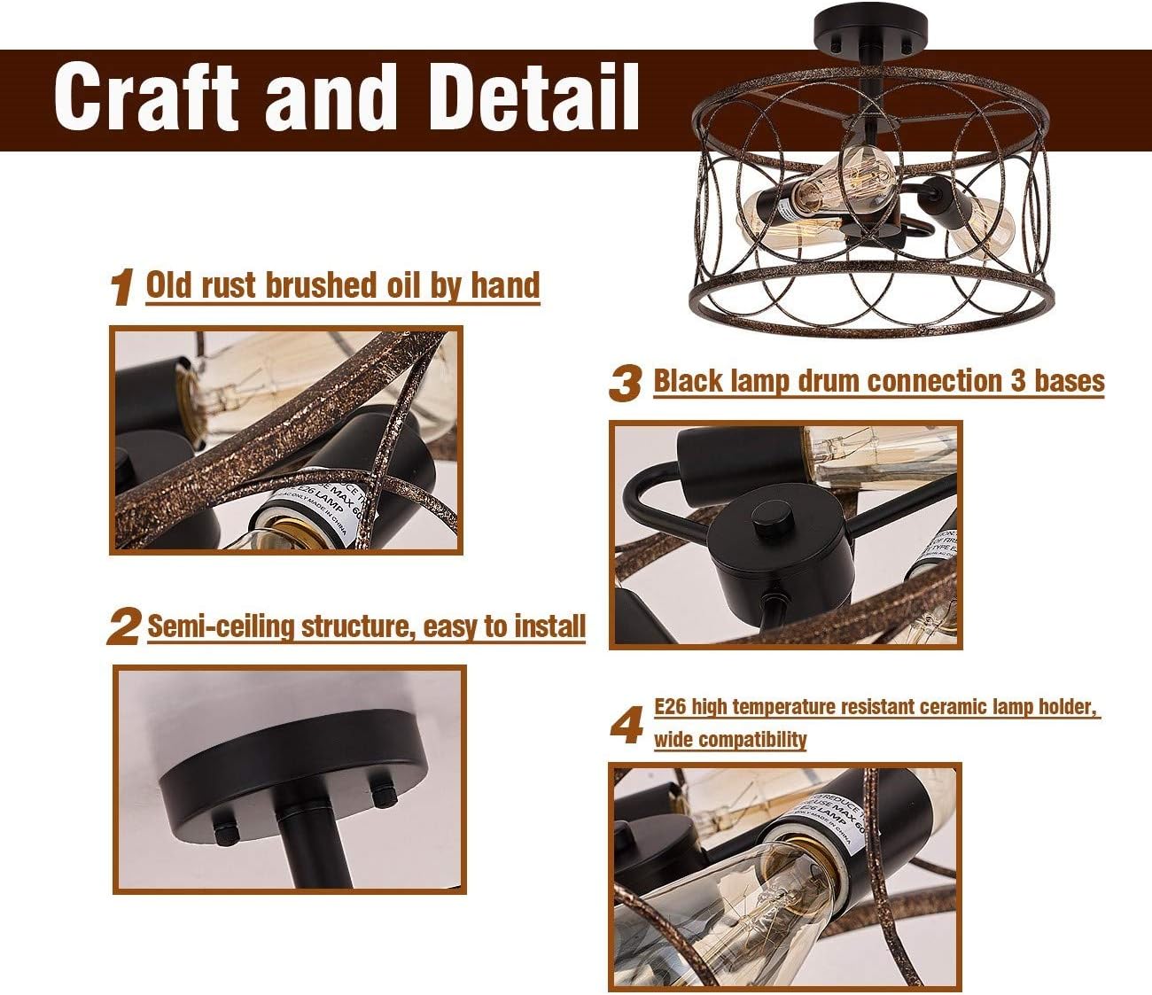 🔥 Cashback up to 70% Sophisa Vintage Semi Flush Mount Ceiling Light Fixtures Industrial Rust Finish Metal Cage Chandeliers for Living Room Dining Room Bedroom Kitchen Reading Room.