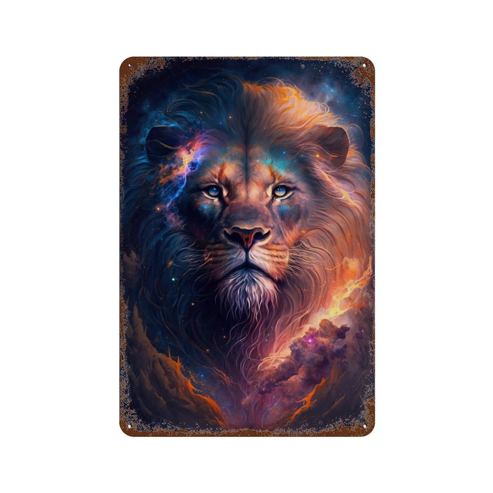 Garage Style Cosmic Lion Majesty Aged Metal Wall Plaque 11.8"x7.9", Old School Wall Decor for Bar And Workshop