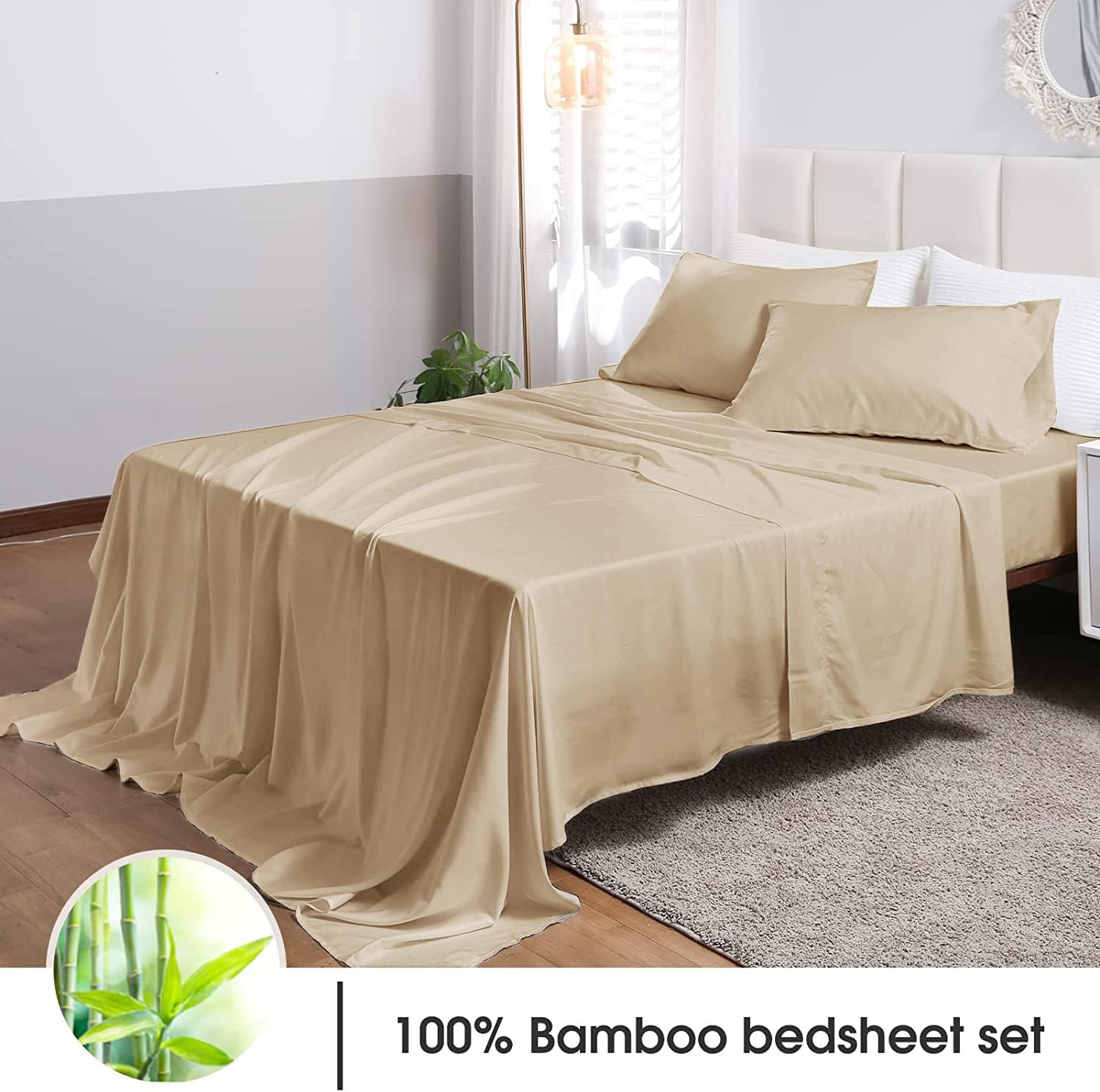 David's Home 100% Rayon Derived from Bamboo Cooling Sheets Set,Luxury Silky Soft Breathable for Hot Sleeper, 16" Deep Pocket Sheets with Pillowcase for Spring Summer,Queen,Khaki