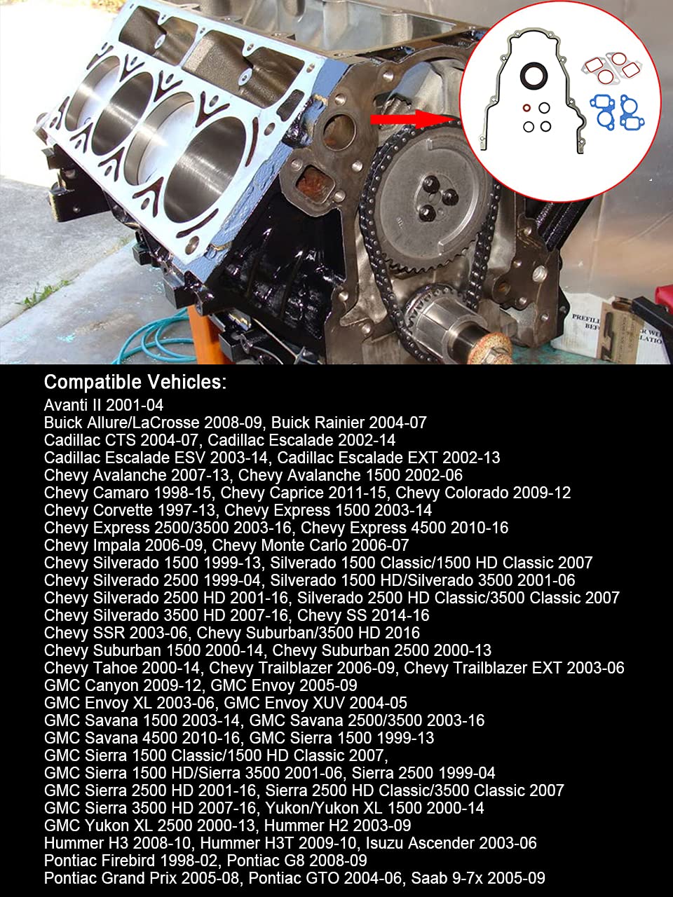 TCS45993 Timing Cover Gaskets kit Compatible with Buick Cadillac Chevy Silverado Suburban Tahoe GMC Sierra Yukon Savana Cadillac Escalade 4.8L 5.3L 5.7L 6.0L 1998-2017 Part# 12633904 JV5158
