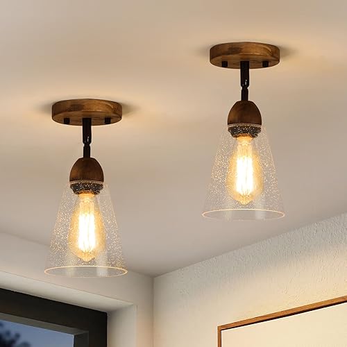 Miniatura 11 de Lámpara de techo rústica de 2 luces con riel de vidrio de estilo granja, montaje empotrado, mini pantalla de vidrio transparente granulado y madera