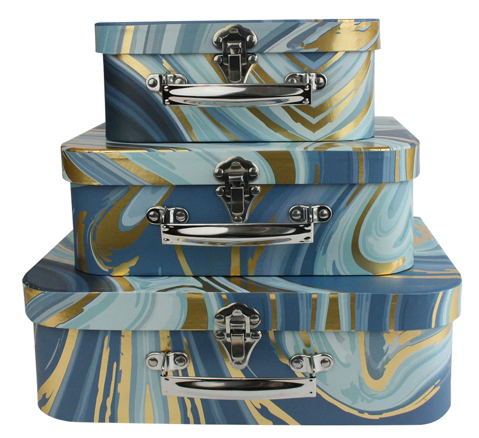 Emartbuy Set of 3 Rigid Suitcase Gift Box, Dark Blue Gold Marble Print with Metal Handle and Clasp