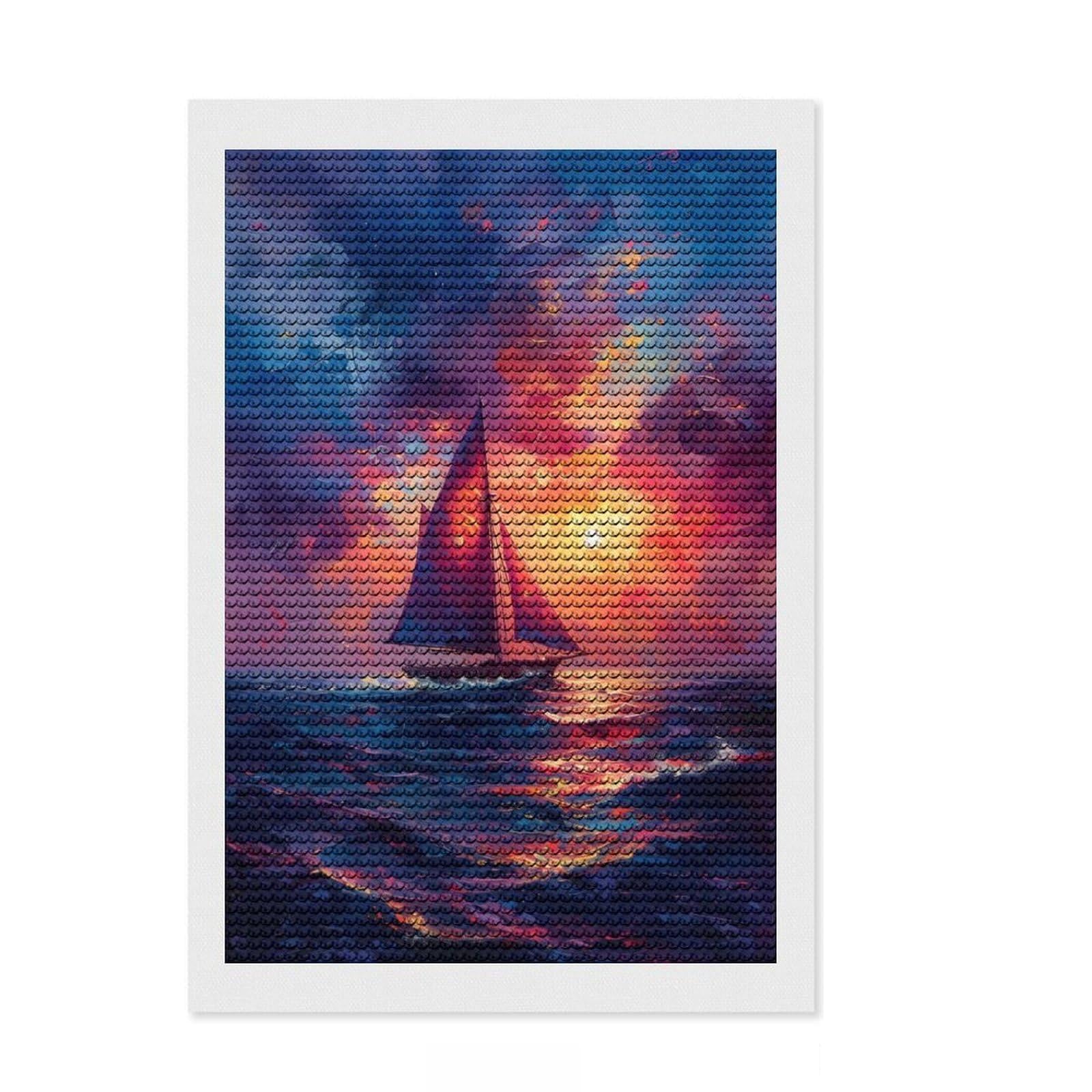Junmoney Sailboat Sunset Diamond Painting Kit 8"x12", Complete Accessories, Sparkling Round Gems, Full Kit Included, Modern Decor