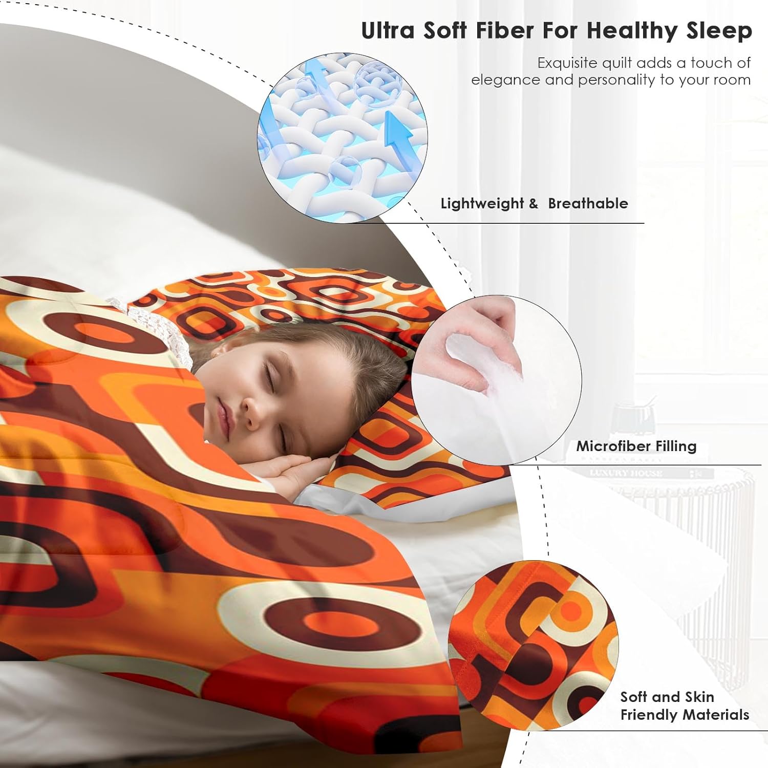 Pamnest Comforter Set King Size, 70S Retro Orange Soft Bedding for Kids and Adults, Abstract Brown Yellow Beige Comforter Set with 2 Pillowcases for Bedroom Bed Decor