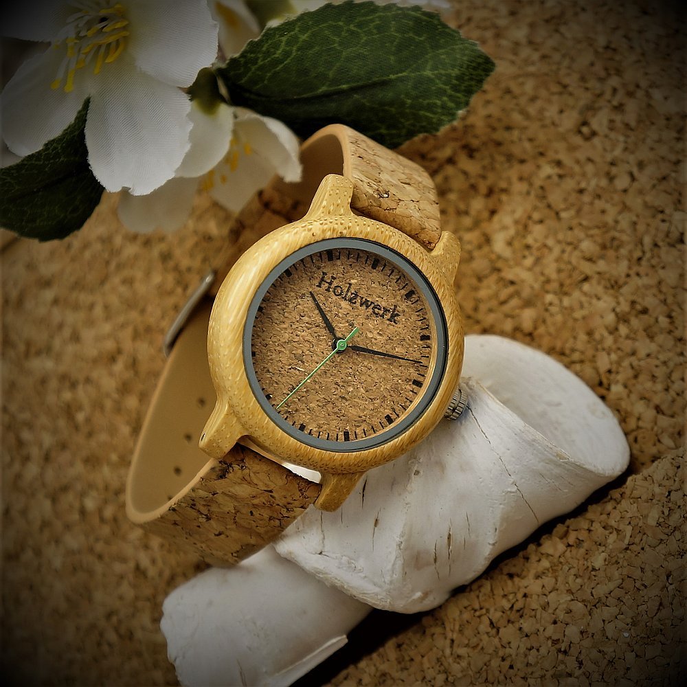 Holzwerk Germany Orologio da donna, realizzato a mano, ecologico, naturale, vegano, in legno, analogico, classico, al quarzo, con cinturino in sughero e quadrante in legno, Br.1, cinghia