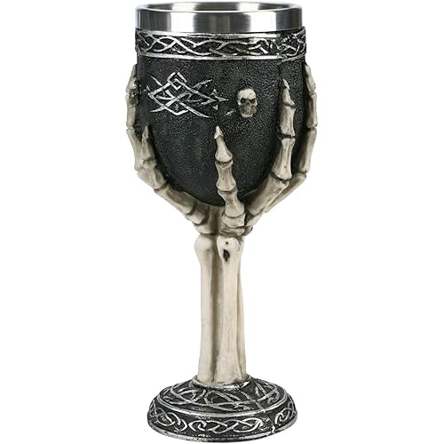 Skull Gothic Goblet Wine Chalice Finger Vikings Cup for Halloween Ossuary Skeleton Coffee Drinking Party Mug Medieval Warrior Pirate Decor Resin Body Stainless Steel Cup Decorative