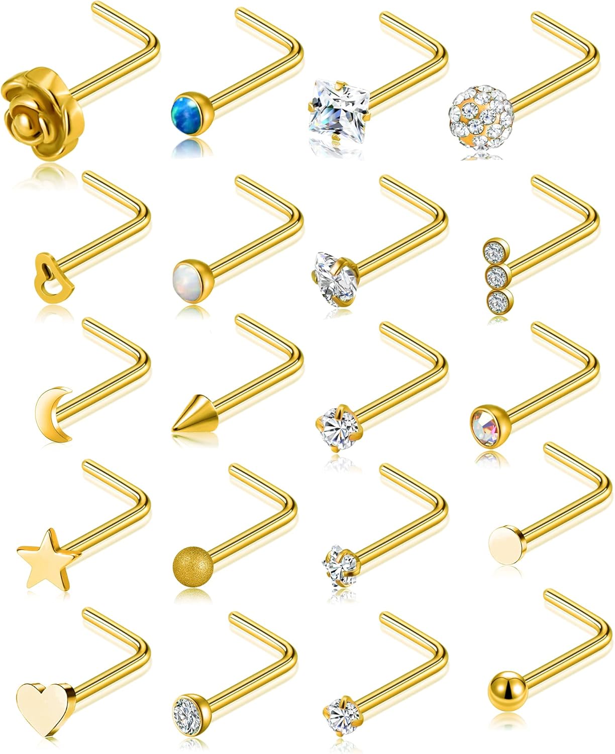 Tornito 20G 20Pcs Nose Ring CZ Nose Stud Retainer L Bone Screw Shaped Nose Piercing Jewelry Set for Women Men Stainless Steel Rose Gold Tone