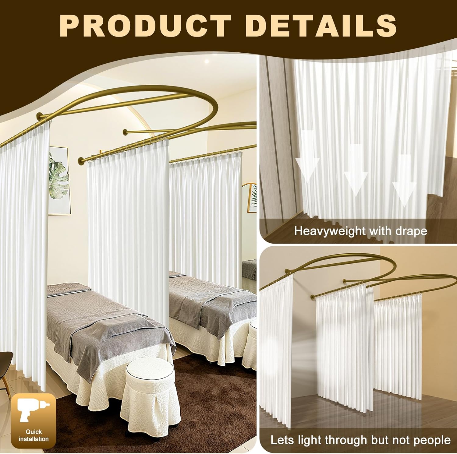 HIYOUGO Curtain for Beauty Salon, Privacy Partition Curtains with Metal Support, U-Shape Room Divider Curtain, for Fitting Room Beauty Salon Bedroom (White, 230 × 120cm)