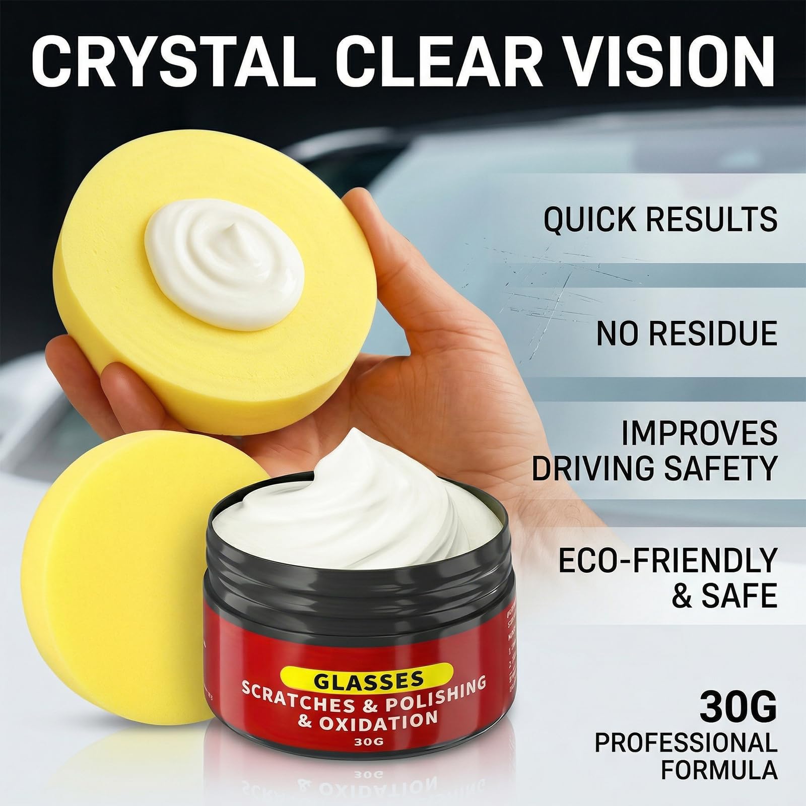 Glass Scratch Remover Kit, 2 Pcs Windscreen Scratch Remover for Glass Polish, 30g/1.05oz Glass Emulsion for Car Scratch Remover with Sponges for Windscreen Mirrors Windows Scratch - 3