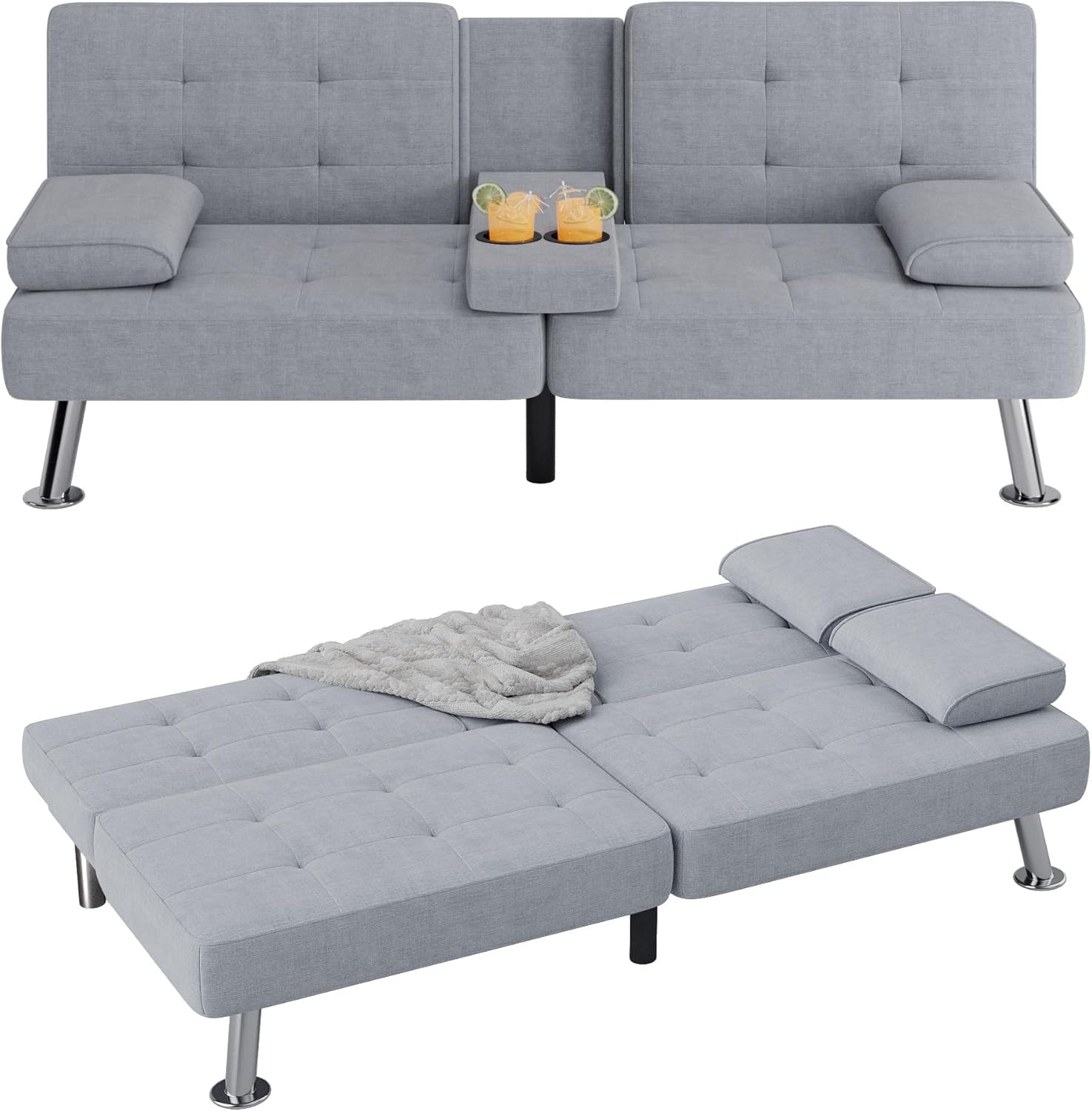 Product image of Flamaker Futon Sofa Bed Modern Folding Futon Set Linen Fabric Convertible Recliner Lounge for Living Room with 2 Cup Holders, Removable Armrests (Fabric, Light Grey)