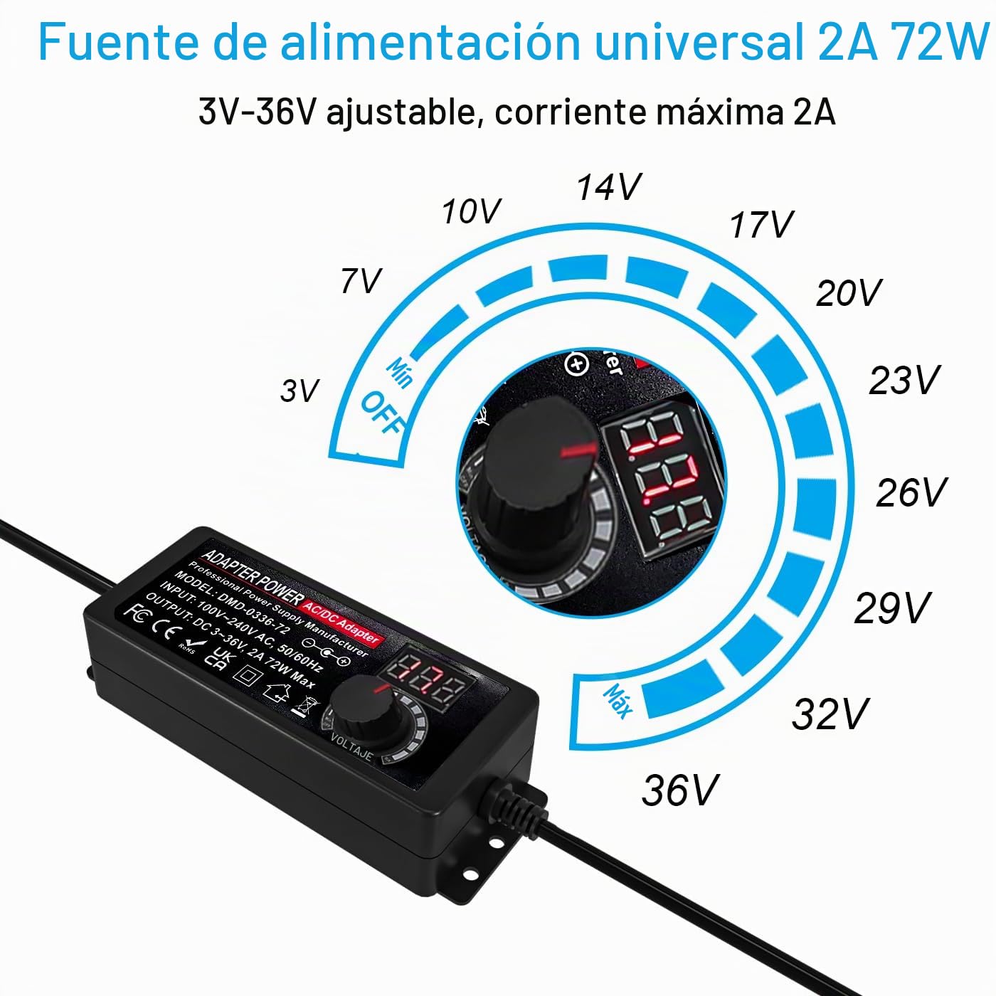 Adaptador de Corriente Universal 2A 72W, 3V-36V Fuente de alimentación Universal 100V-240V AC a DC Adaptador Universal con 14 Conectores y Cable de Polaridad Inversa para Cámara CCTV Enrutador
