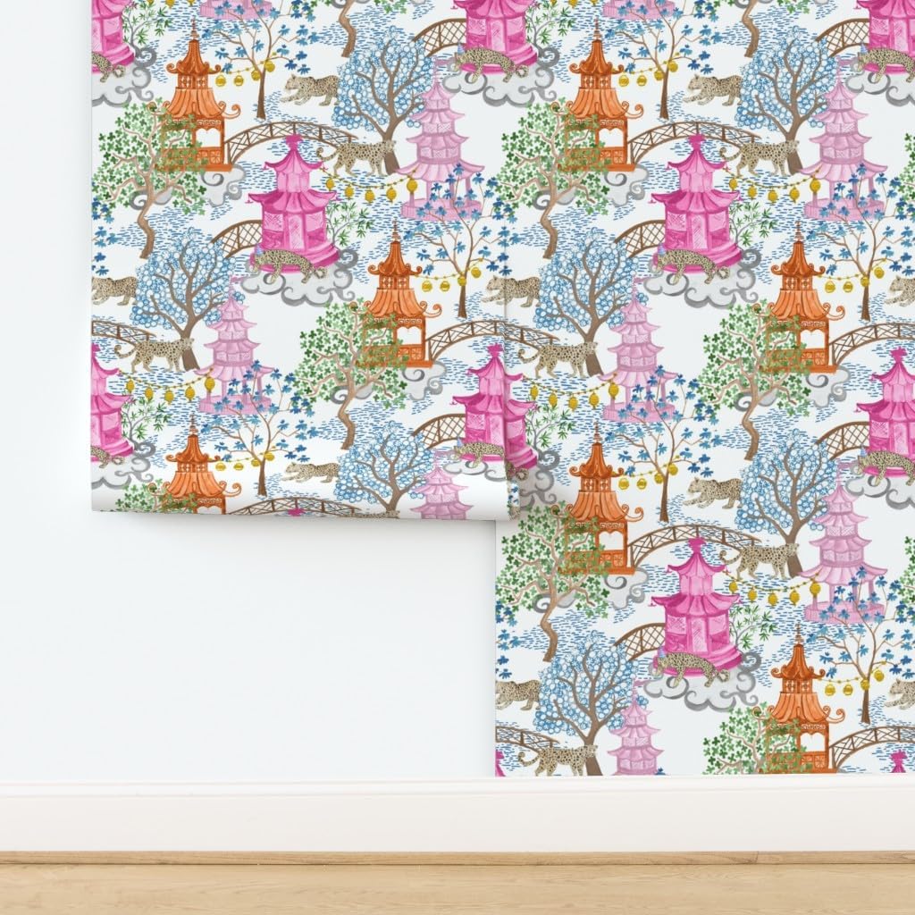 Spoonflower Peel & Stick Wallpaper 6ft x 2ft - Party Leopards Pagoda Forest Pink Rust Trees Landscape Chinoiserie Custom Removable Wallpaper