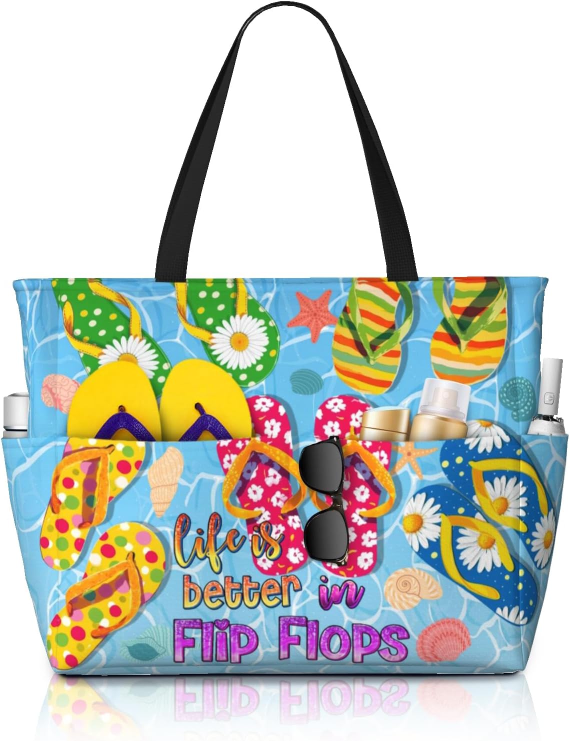 Beach Bags for Women Cute Print Waterproof Sandproof Women Tote Bag with Zipper Colorful Pool Bags for Gym Travel Vocation