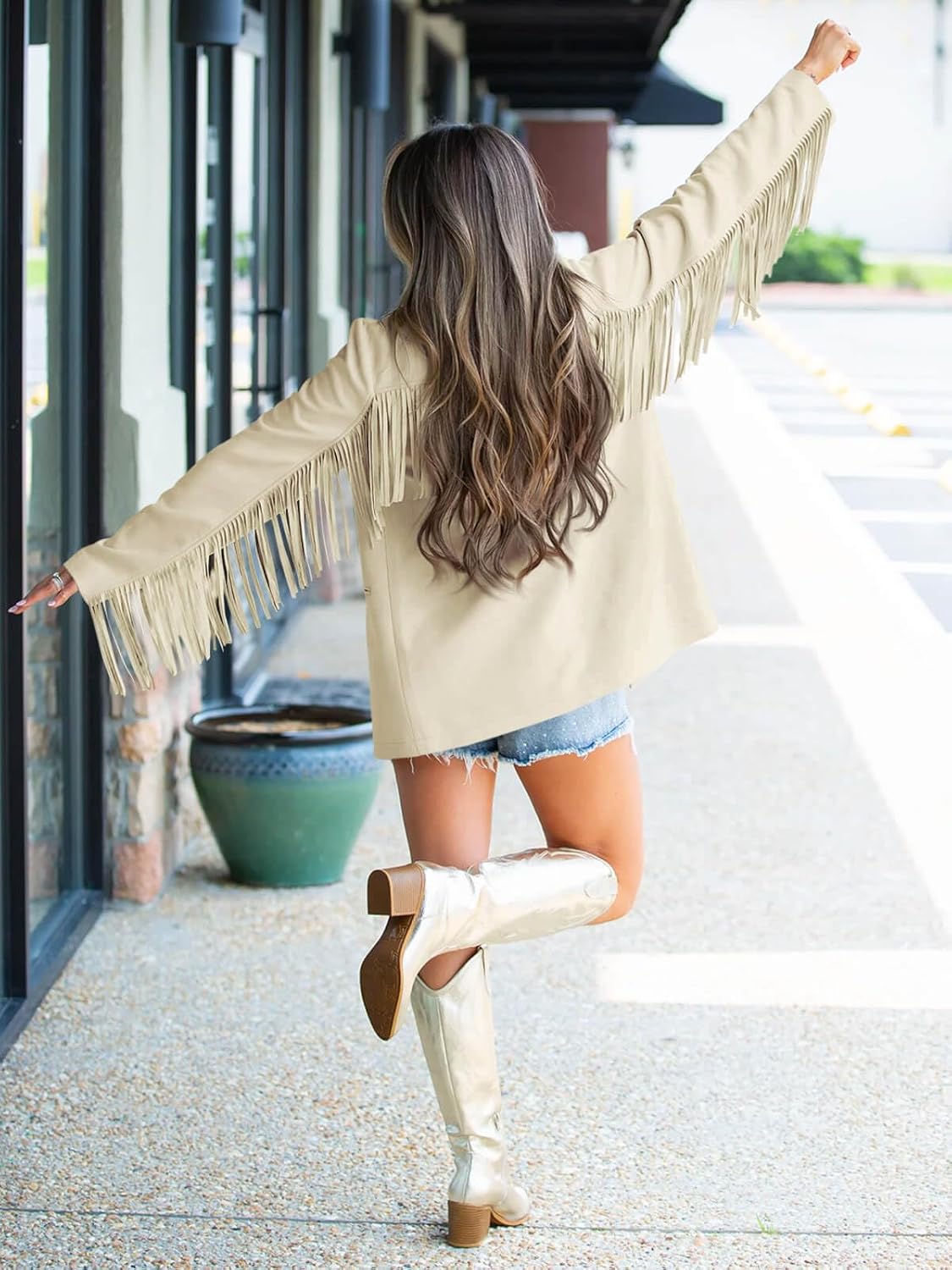 Cicy Bell Womens Faux Suede Fringe Jacket Casual Blazer Long Sleeve Lapel Button Front Suit Jackets - Image 5