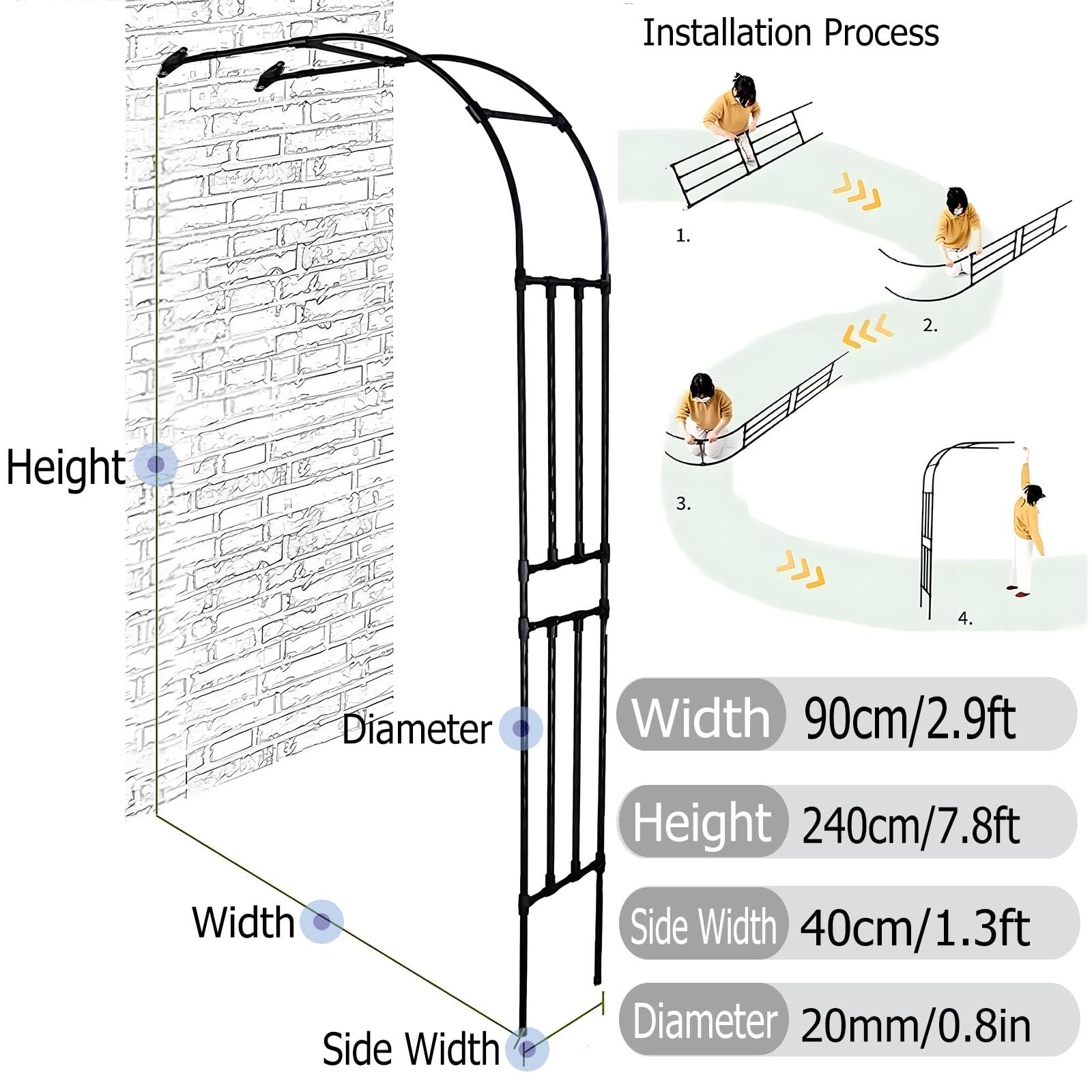 Arco da Giardino su metà Lato, Arco Metallo da Giardino per Rampicanti, Archetto con Rose, Traliccio Arbor Matrimoni Supporto Fiori, Sostegno Pergolato(White,0.9M*2.4m/2.9FT*7.8FT)