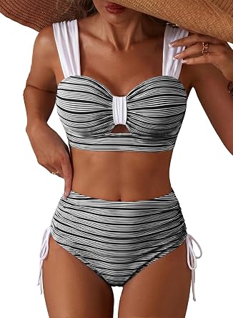 Women High Waisted Bikini Set Textured Cutout Tie Side Bathing Suit | Removable Pads, Adjustable Wide Straps, Tummy Control Cute Swimsuits, Sweetheart Neck, Wire Free, Pool Party, Beach Vacation
