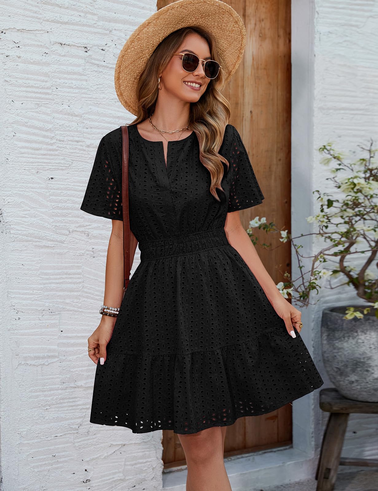 Svanco Sommerkleid Damen Baumwolle Kurzärmelige A-Linien Kleid Knielang Freizeitkleid Elegant V-Ausschnitt Midikleid für Frühling und Sommer