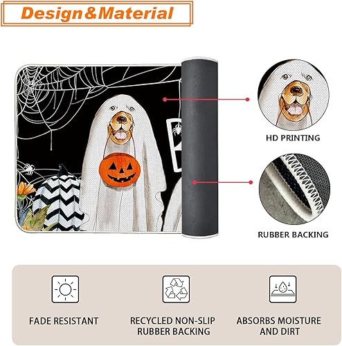 Miniatura 5 de Baccessor Tapete de Halloween Boo para perros para interiores y exteriores, diseño de tela de araña, calabaza, puerta delantera, tapete de