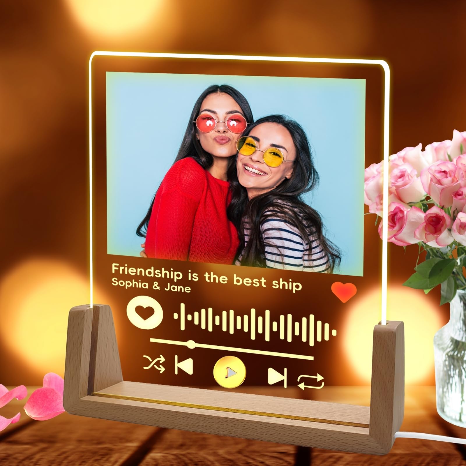 Friendship Gifts for Women, Best Friend Birthday, Personalised Spotify Music Plaque LED Light, Custom QR Code Voice Message Photo Frame, Bestie Funny Work Colleague Gift for Her