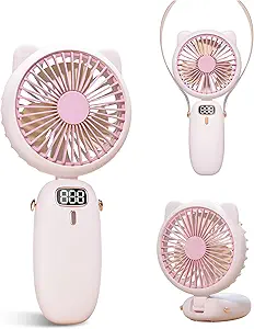 Handheld Fan Mini, Cute Hand Fan Portable, Powerful USB Rechargeable Fan with 4 Speeds and LED Display for Kids Women, Battery Small Electric Hand Held Fans Folding for Desktop/Office/Travel-Pink