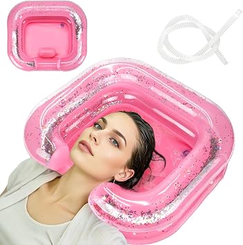 AirSwim Inflatable Hair Washing Basin, Portable Shampoo Bowl With Pillow and Drain Hose, Inflatable Shampoo Basin For Bedridden, Disabled, Injured, Perfect for Dreadlocks Pink