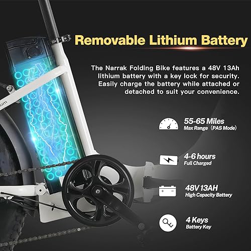 Miniatura 18 de Bicicleta eléctrica plegable Fat Tire, batería extraíble de litio de 48 V y 624 Wh, motor sin escobillas de pico de 1100 W, velocidad máxima 28 Mph