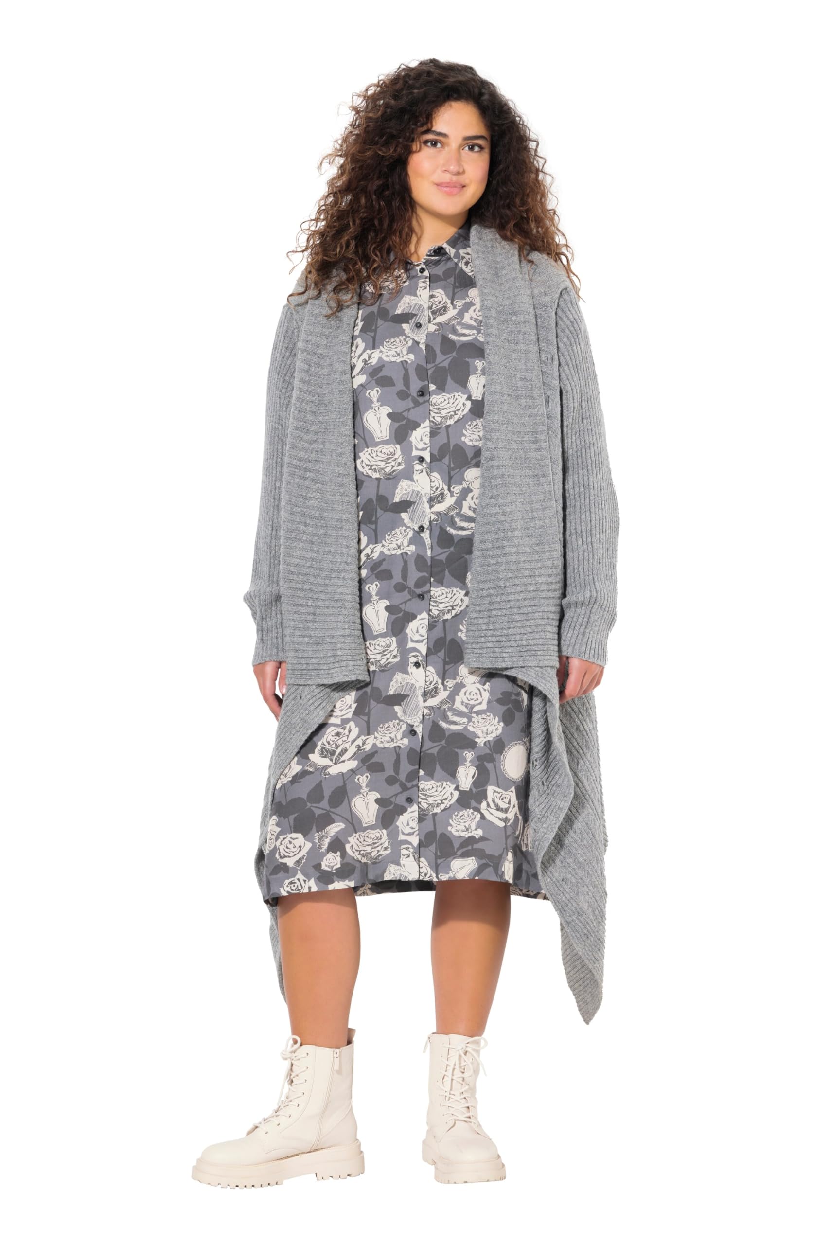 Ulla Popken Damen große Größen Übergrößen Plus Size Strickjacke, Zipfelsaum, A-Linie, offene Form, Langarm 837751